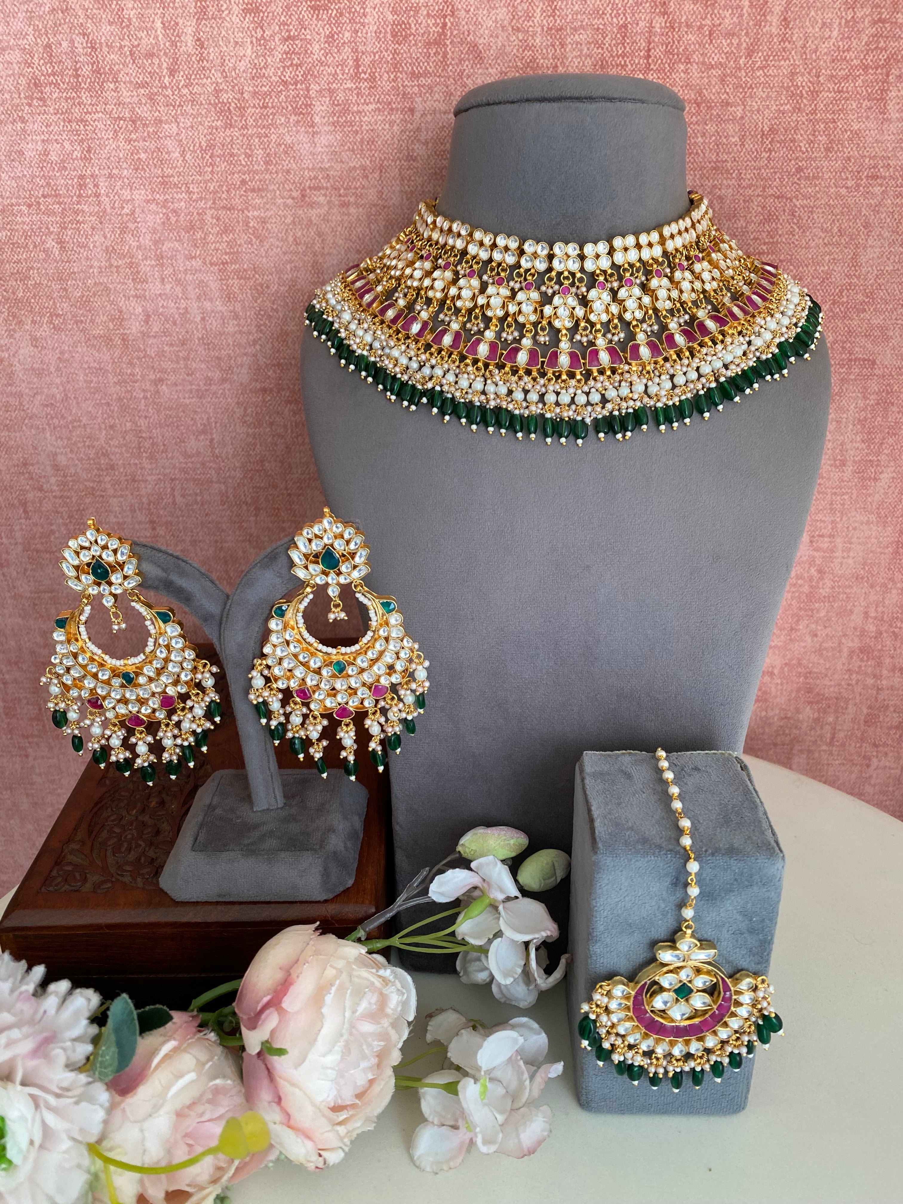 Kundan Bridal Necklace Set in Green drops