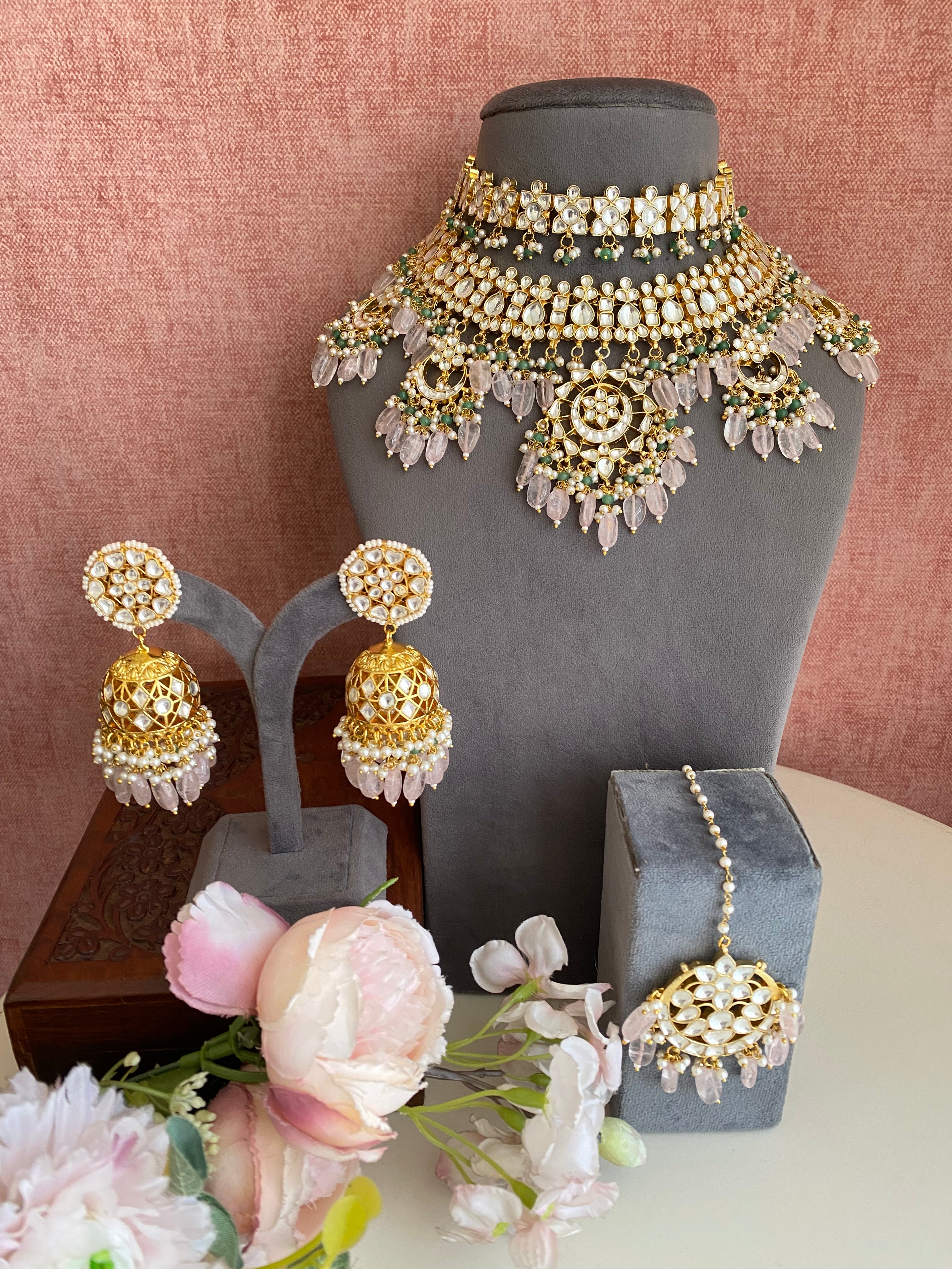 Kundan Choker with Necklace set in mint and pink drops