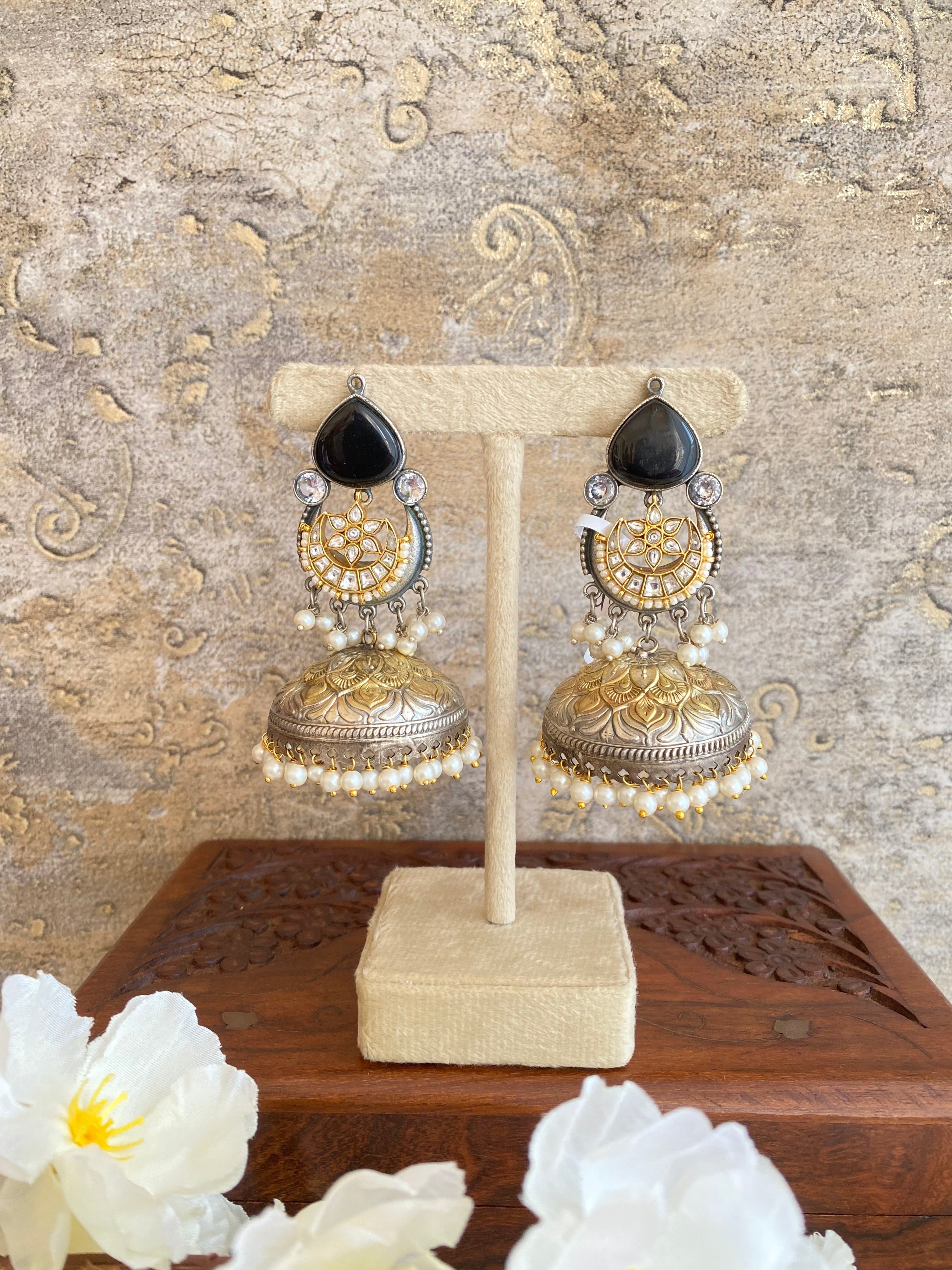 Oxidised Black Stone Jhumka