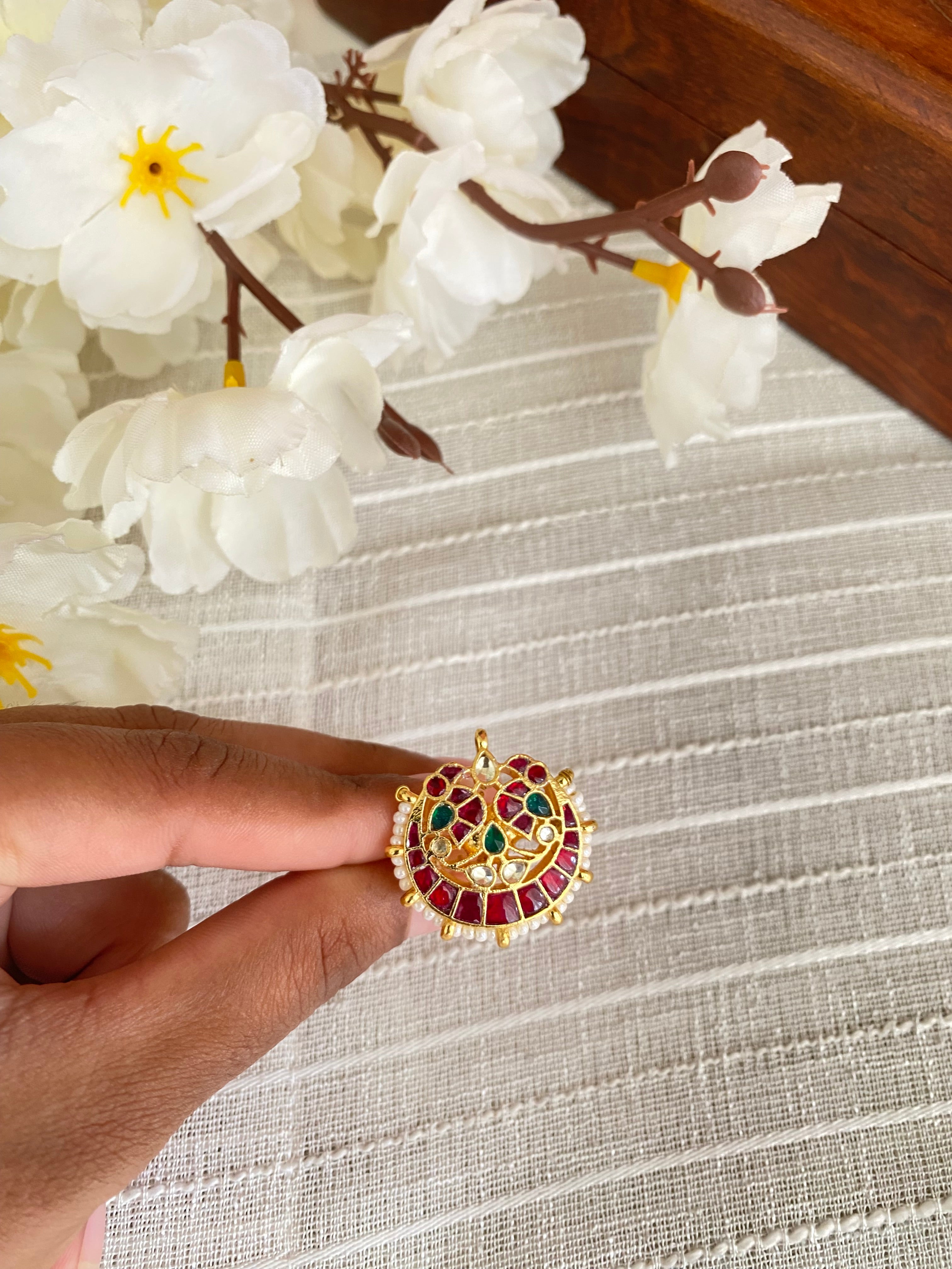 Gold Plated Pink and green Kundan Ring