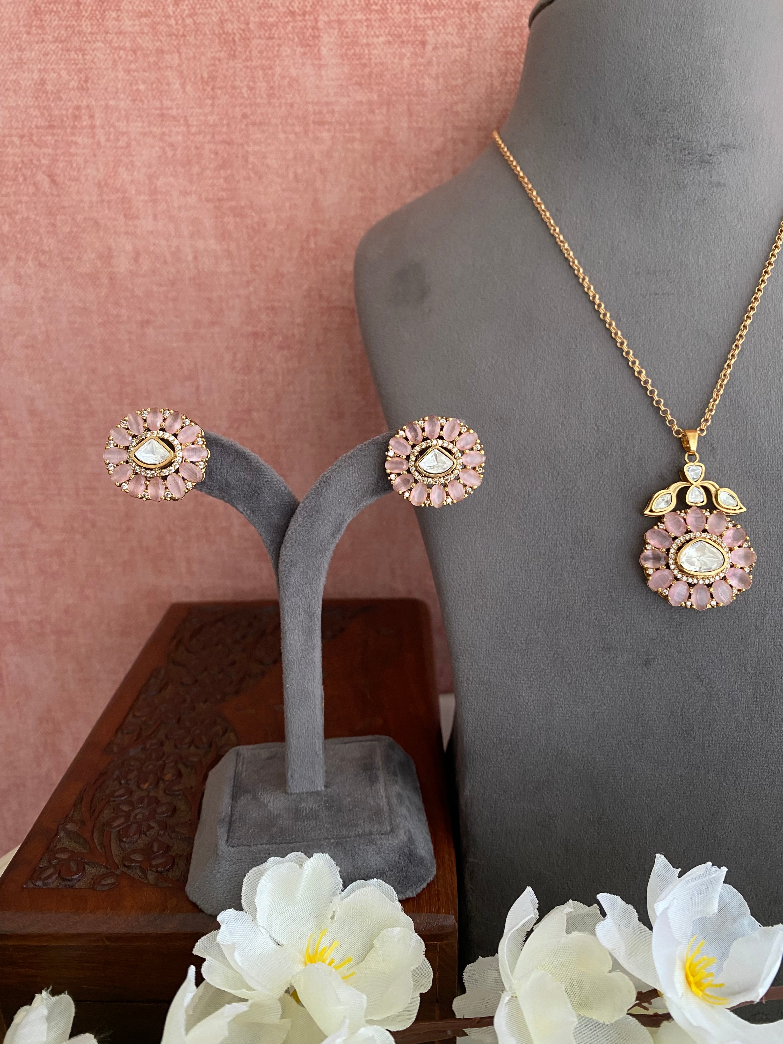 Gold plated Moissanite Pink  Pendant Set