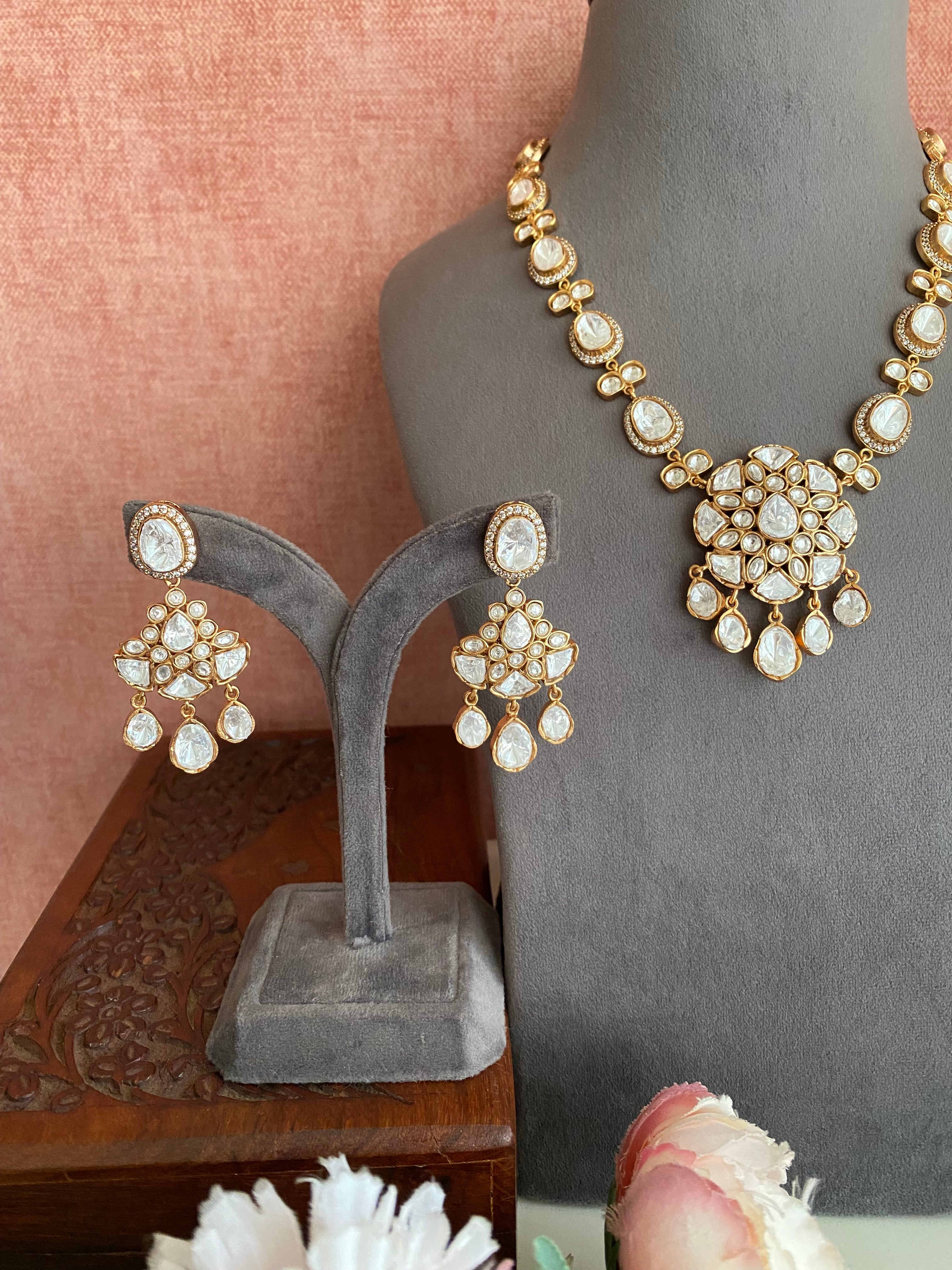 Gold plated Moissanite long necklace set