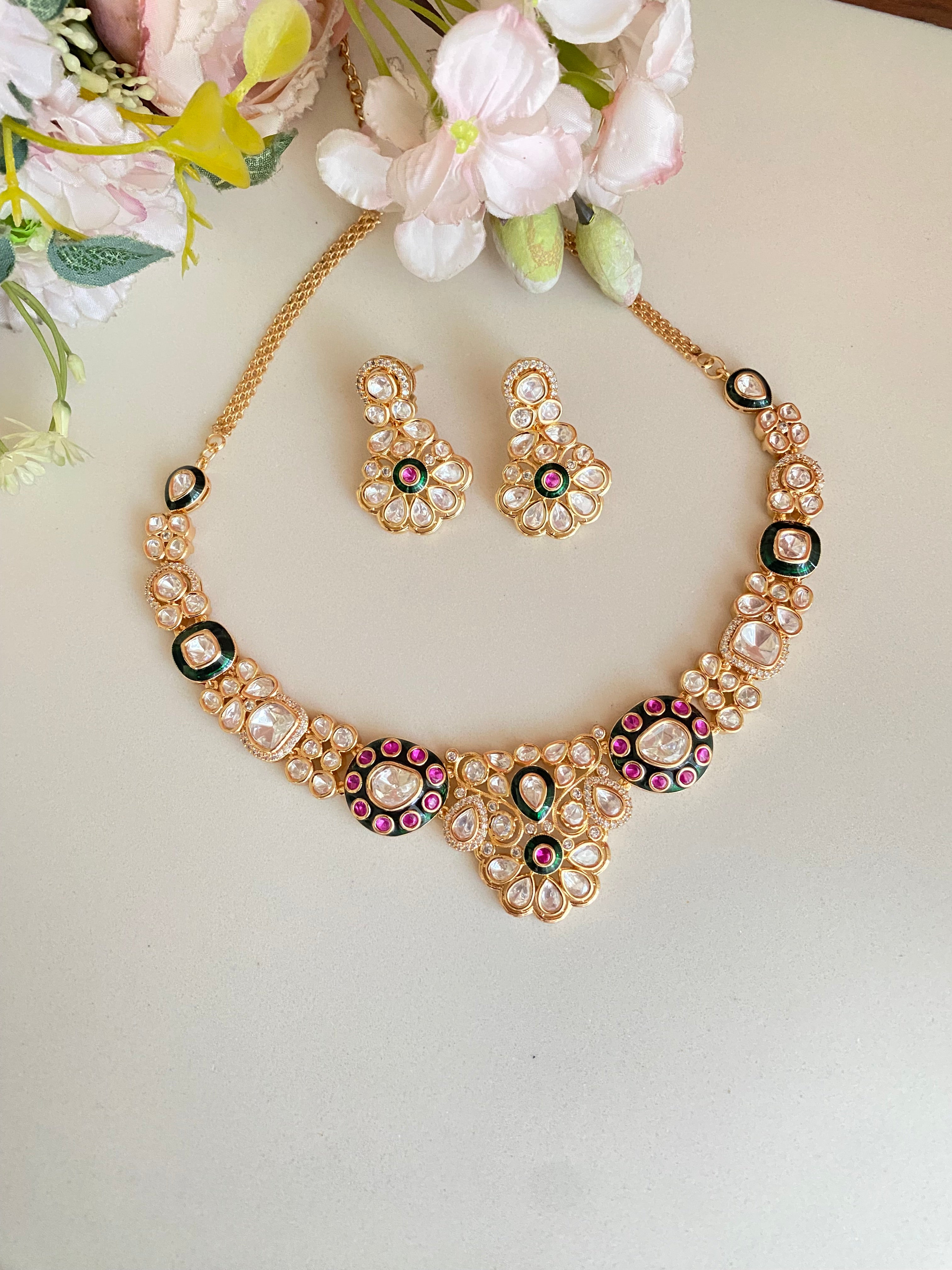 Polki Pink and Green Necklace set