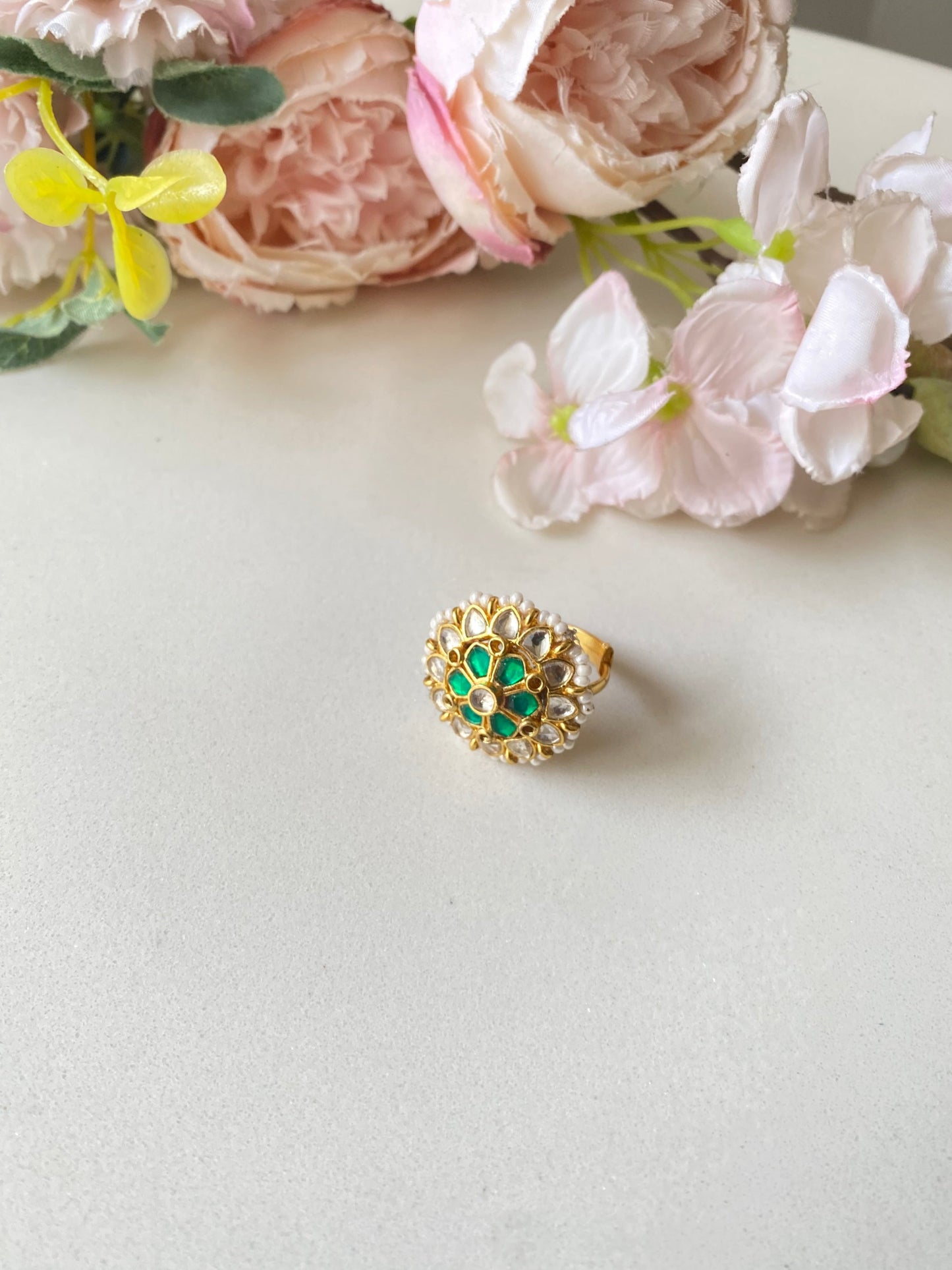 Gold plated Green Kundan Ring