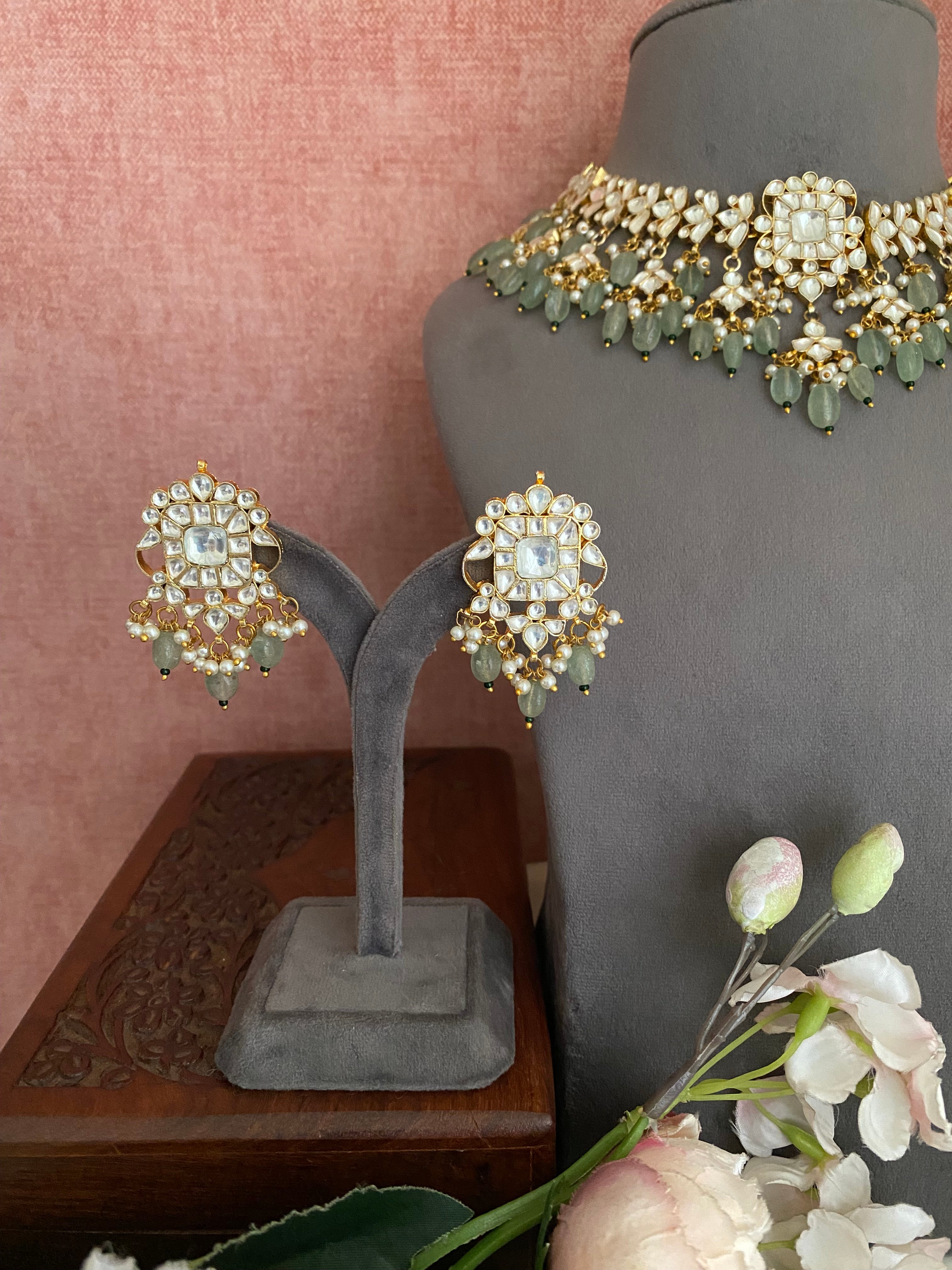 Gold Plated Kundan Necklace Set in mint drops