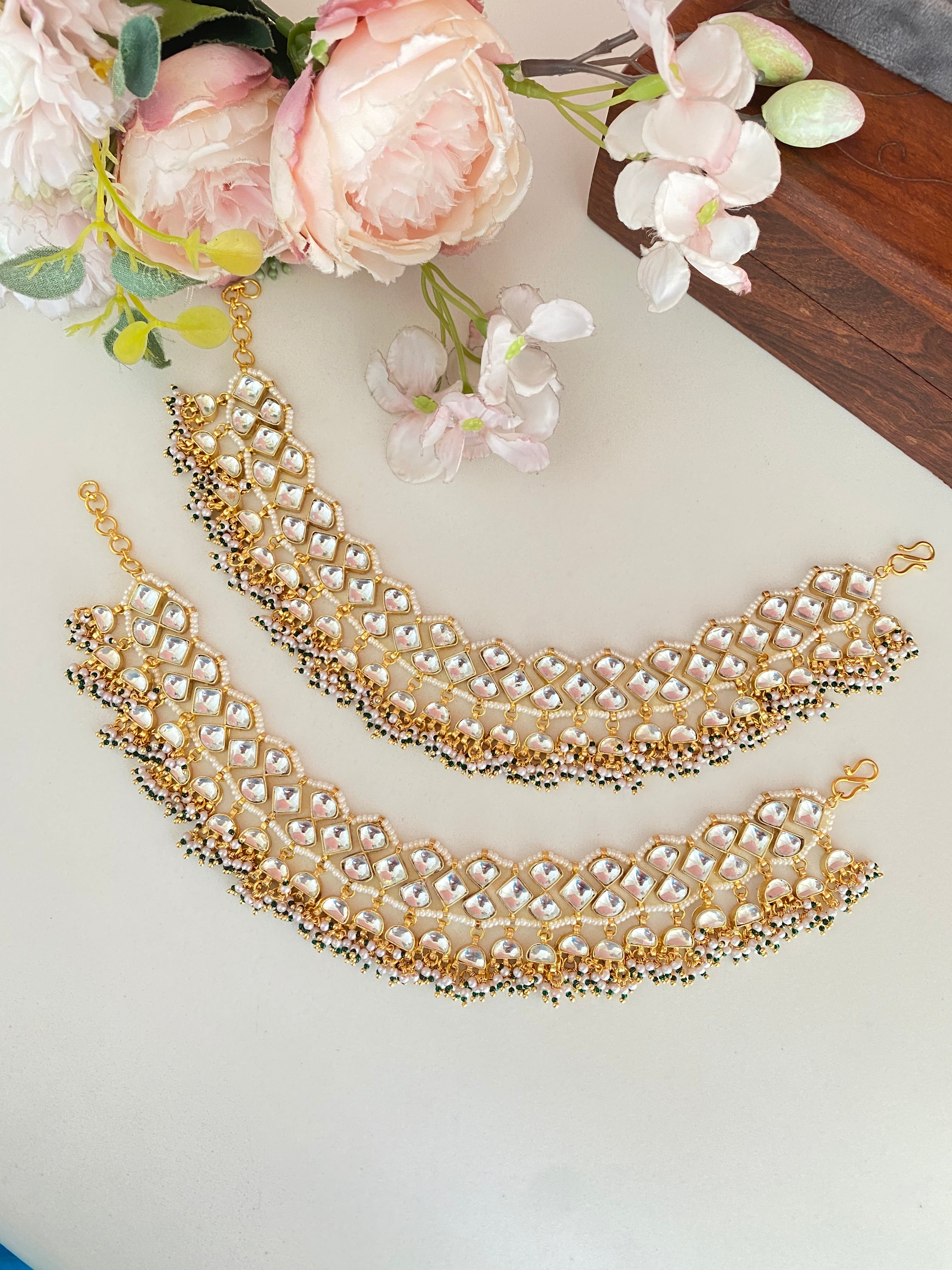 Gold plated Kundan Payal in Green