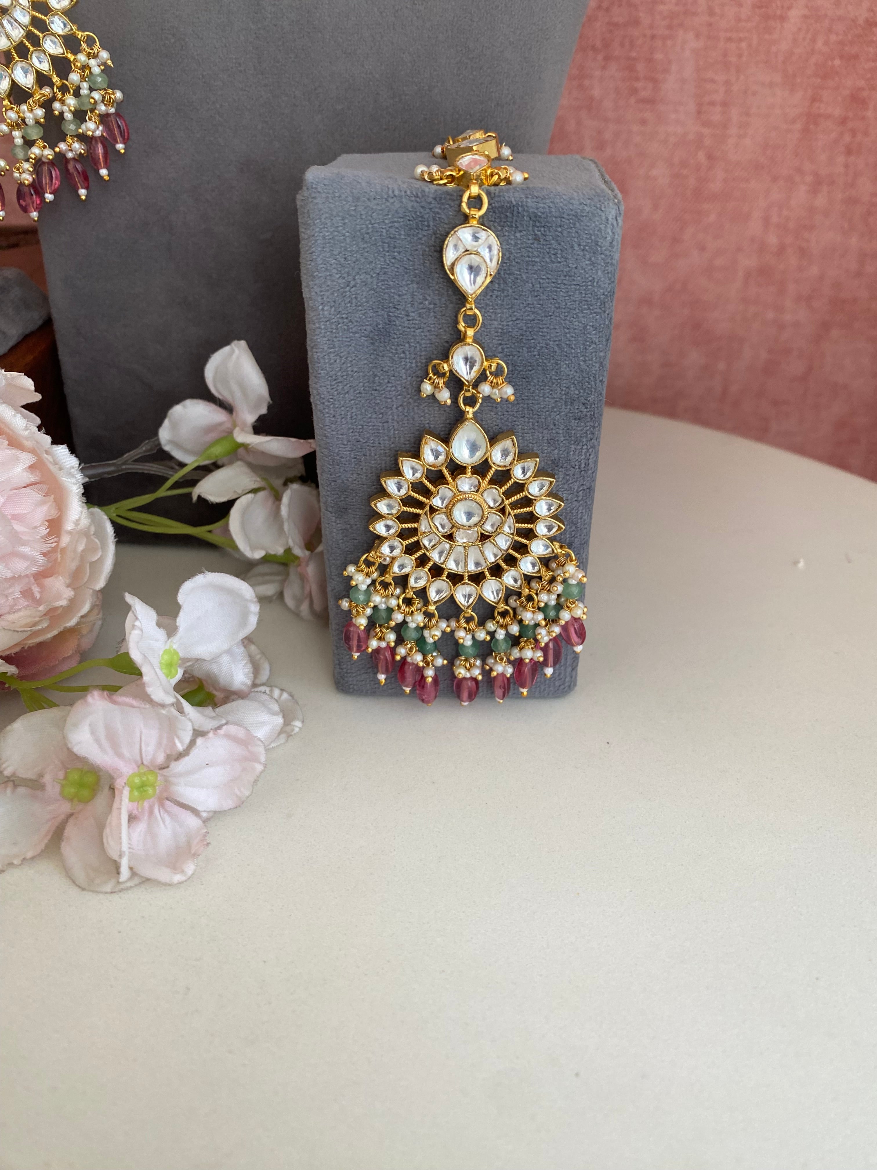 Kundan Bridal Necklace Set in pink drops