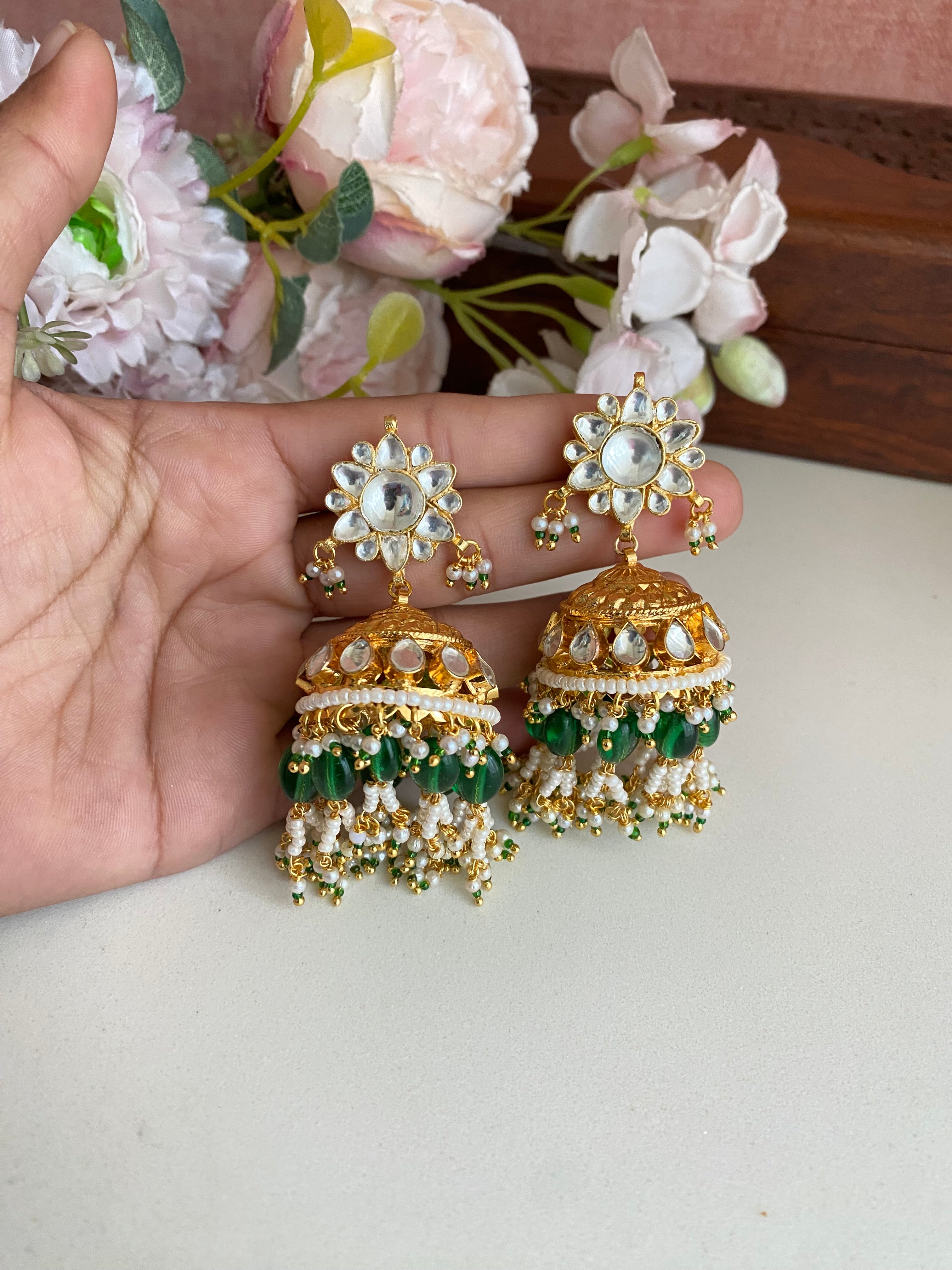 Gold Plated Kundan green drop Jhumka