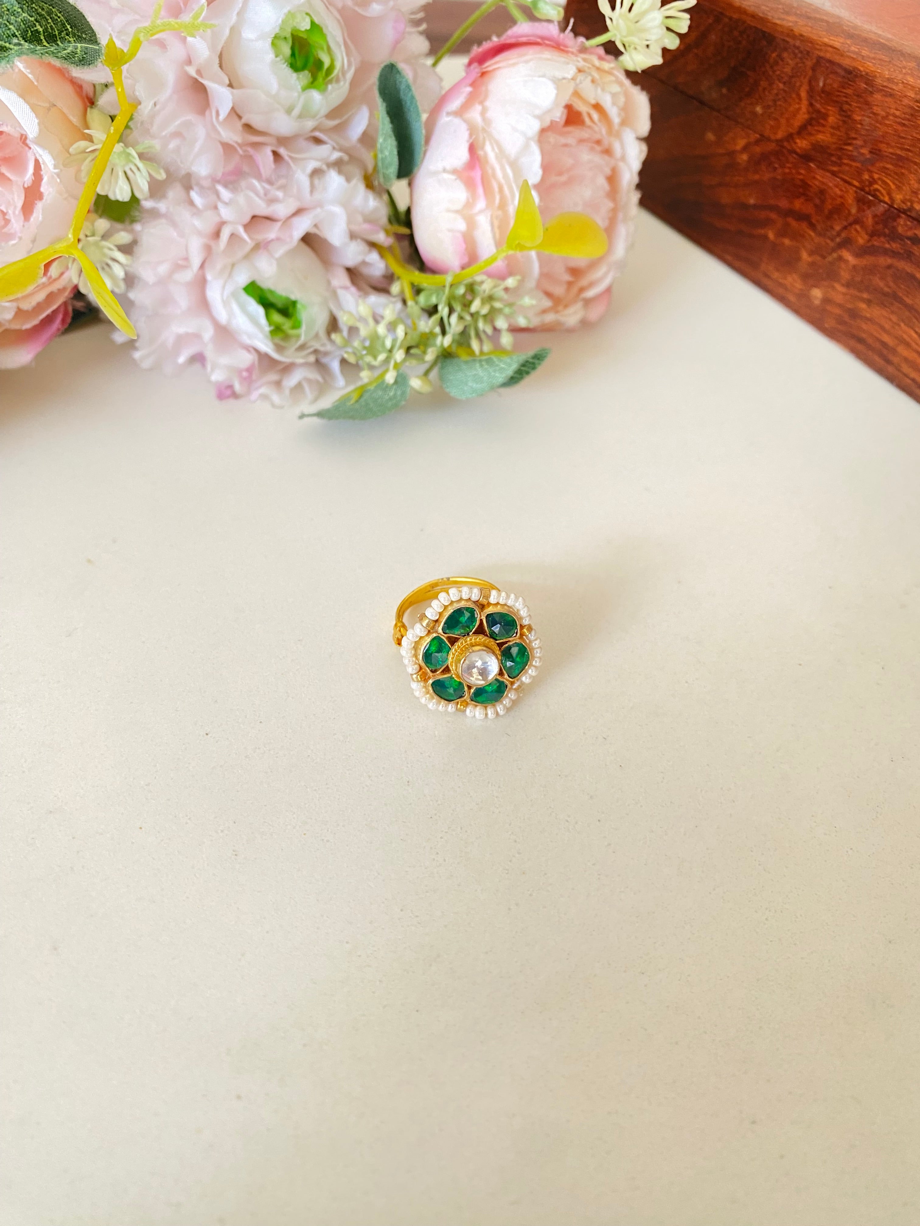 Gold plated Kundan green ring