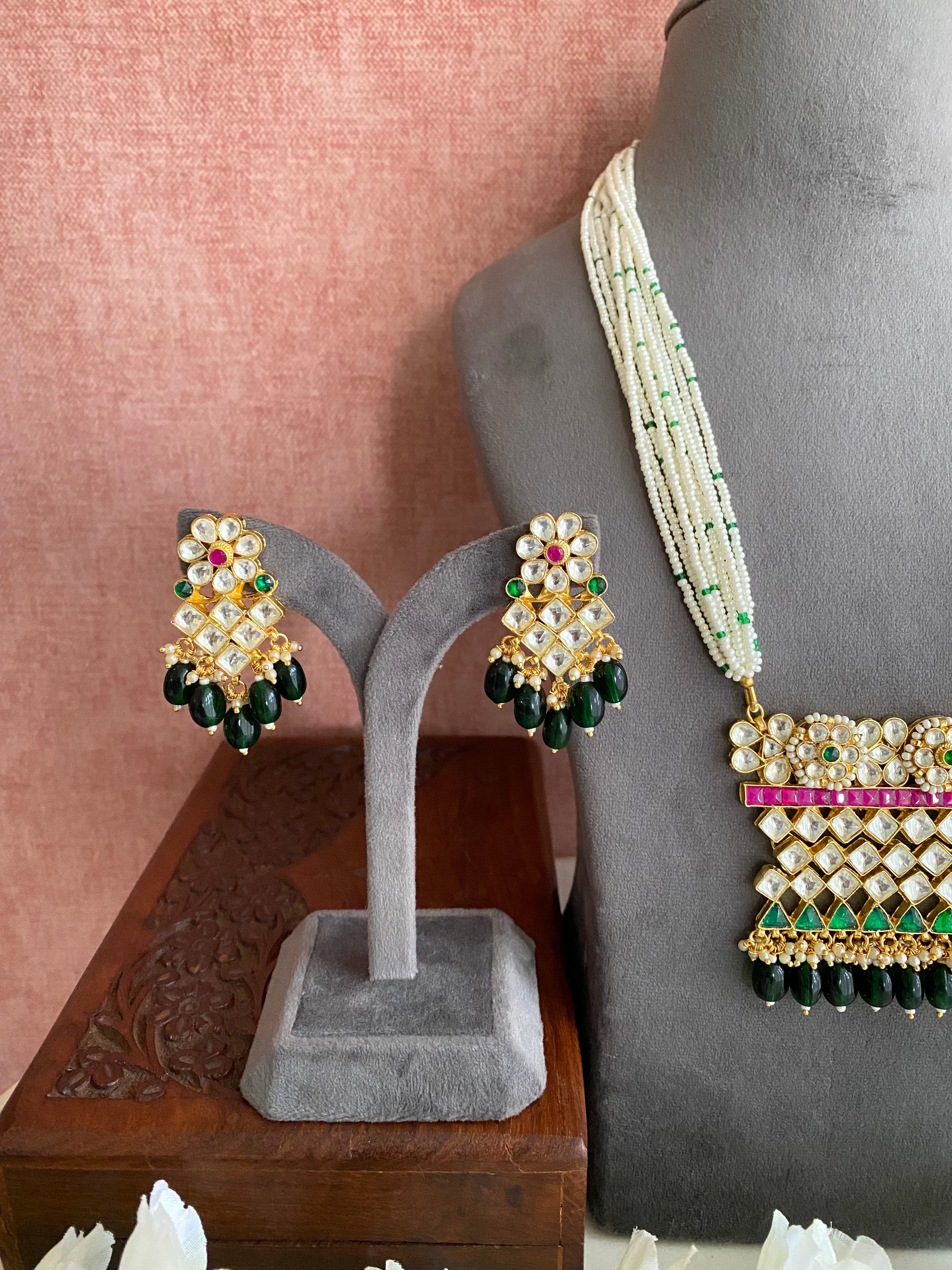 Gold Plated Pink Green Kundan Long set