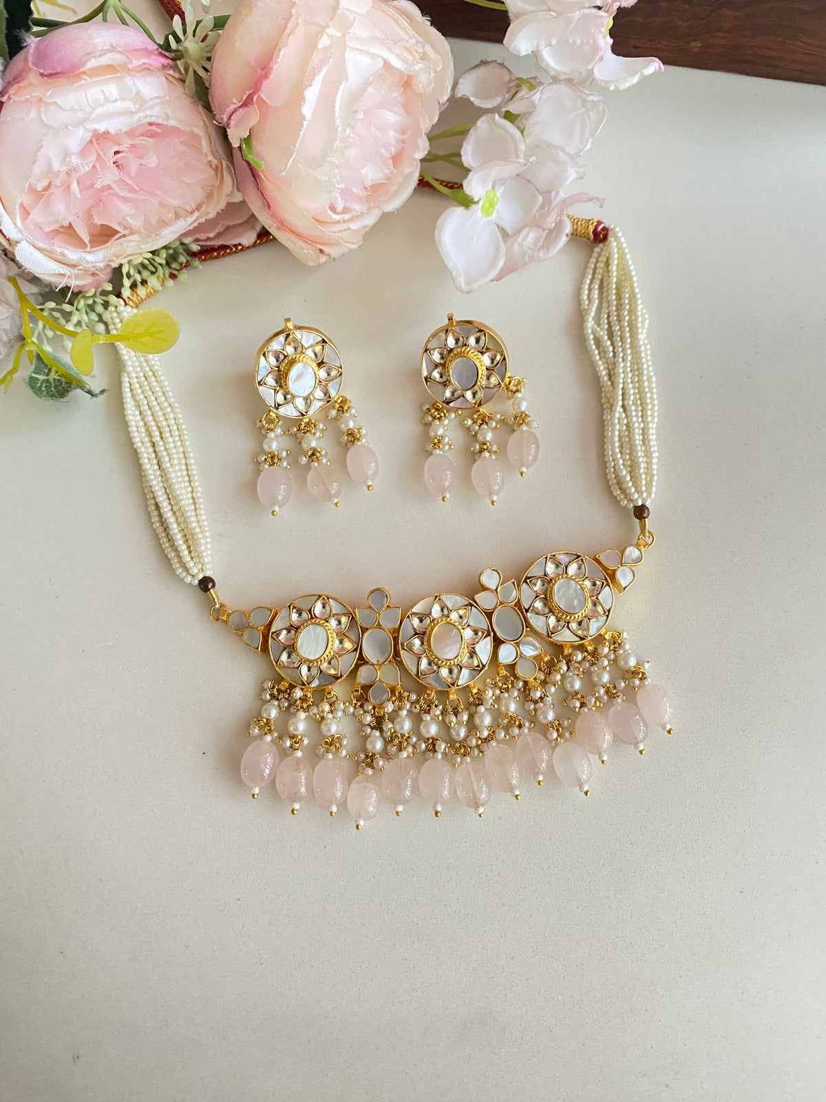 Mother Of Pearl Necklace Set in pink drops