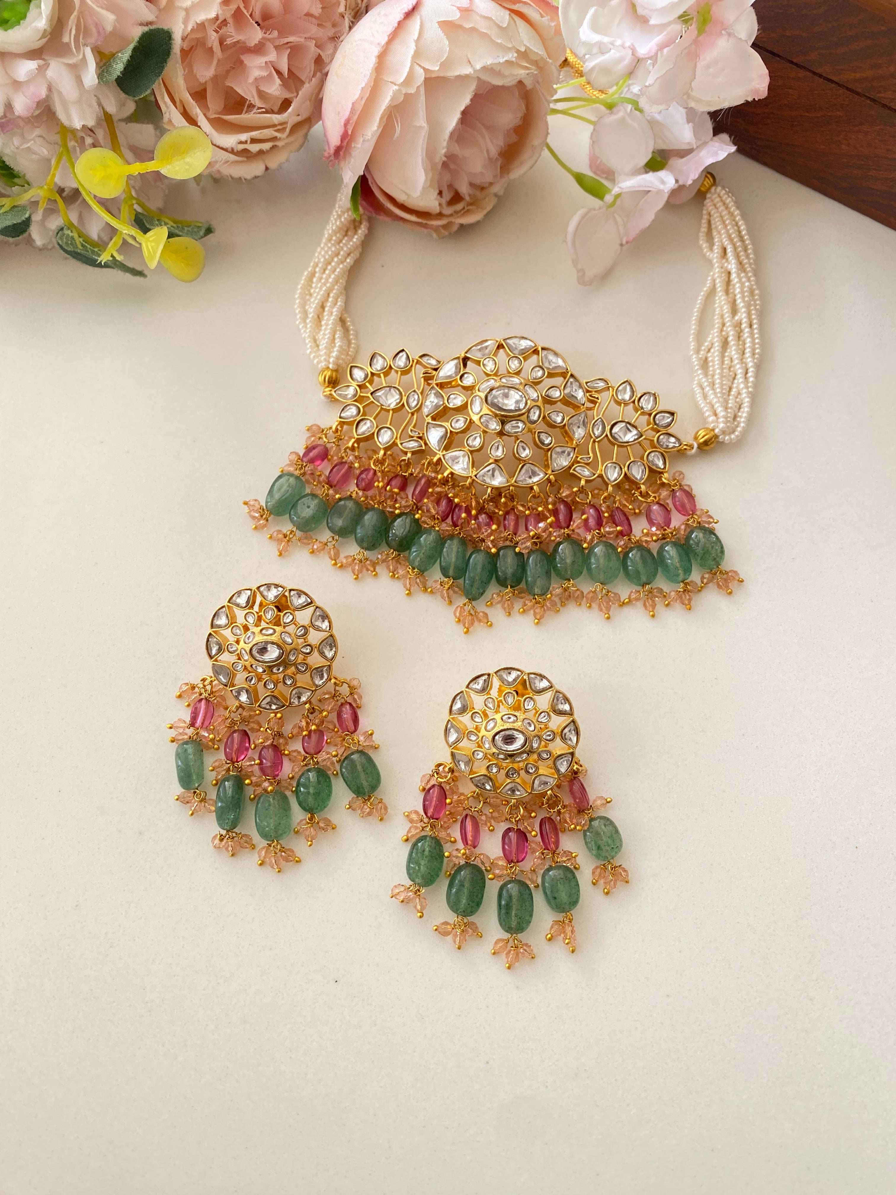 Kundan Choker Set in pink, mint drops