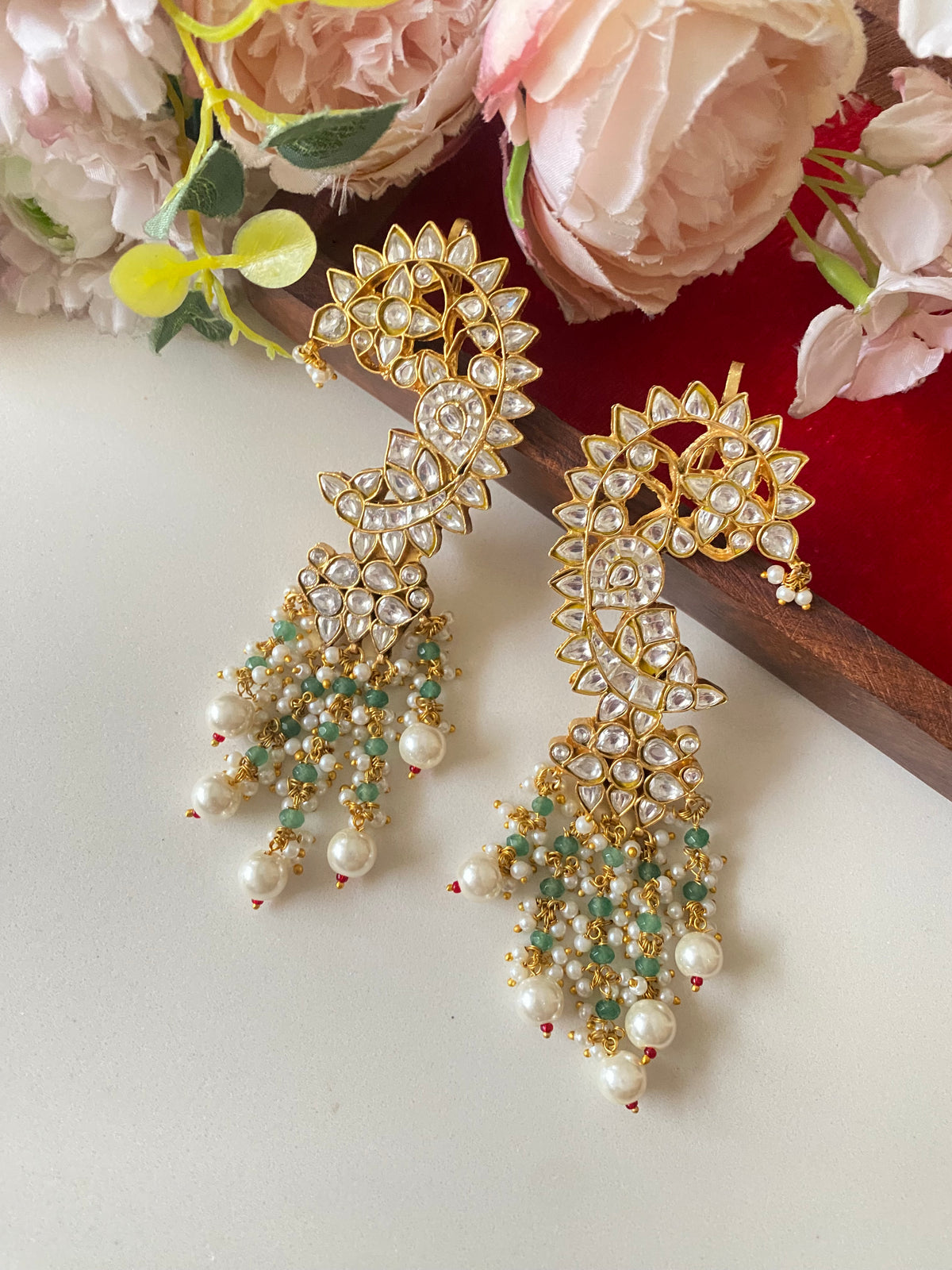 Kundan ear cuffs in Mint drops
