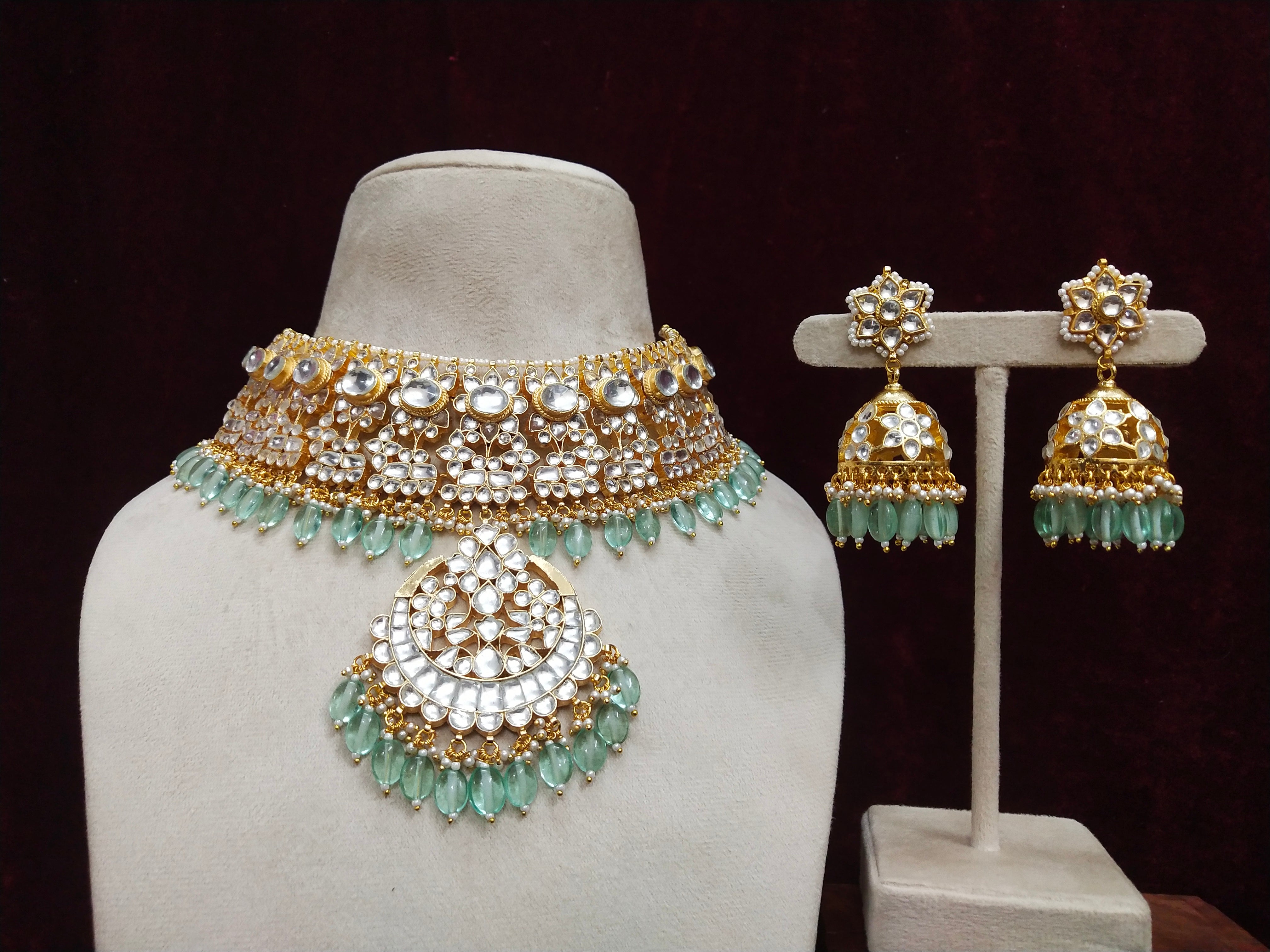 Gold plated Kundan Necklace Set in mint drops