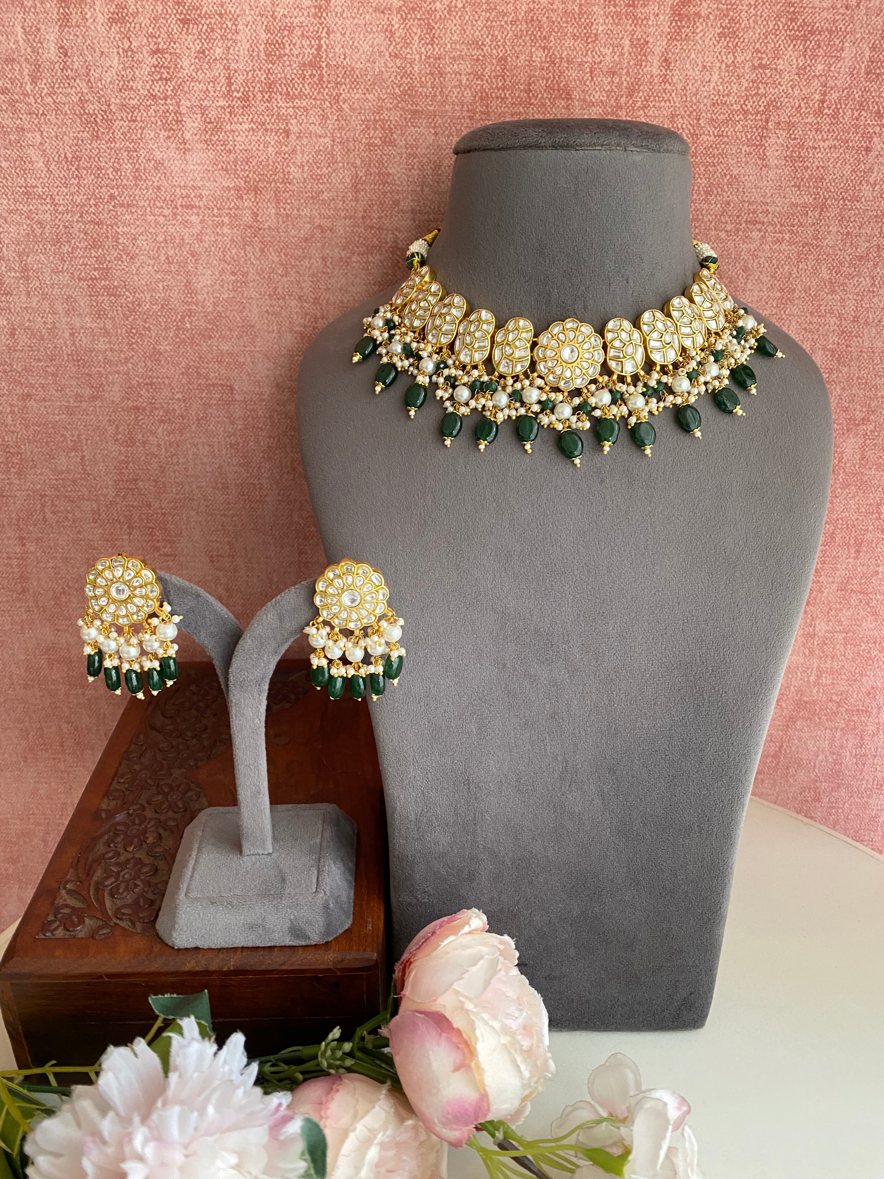 Gold plated Kundan Necklace Set in green drops