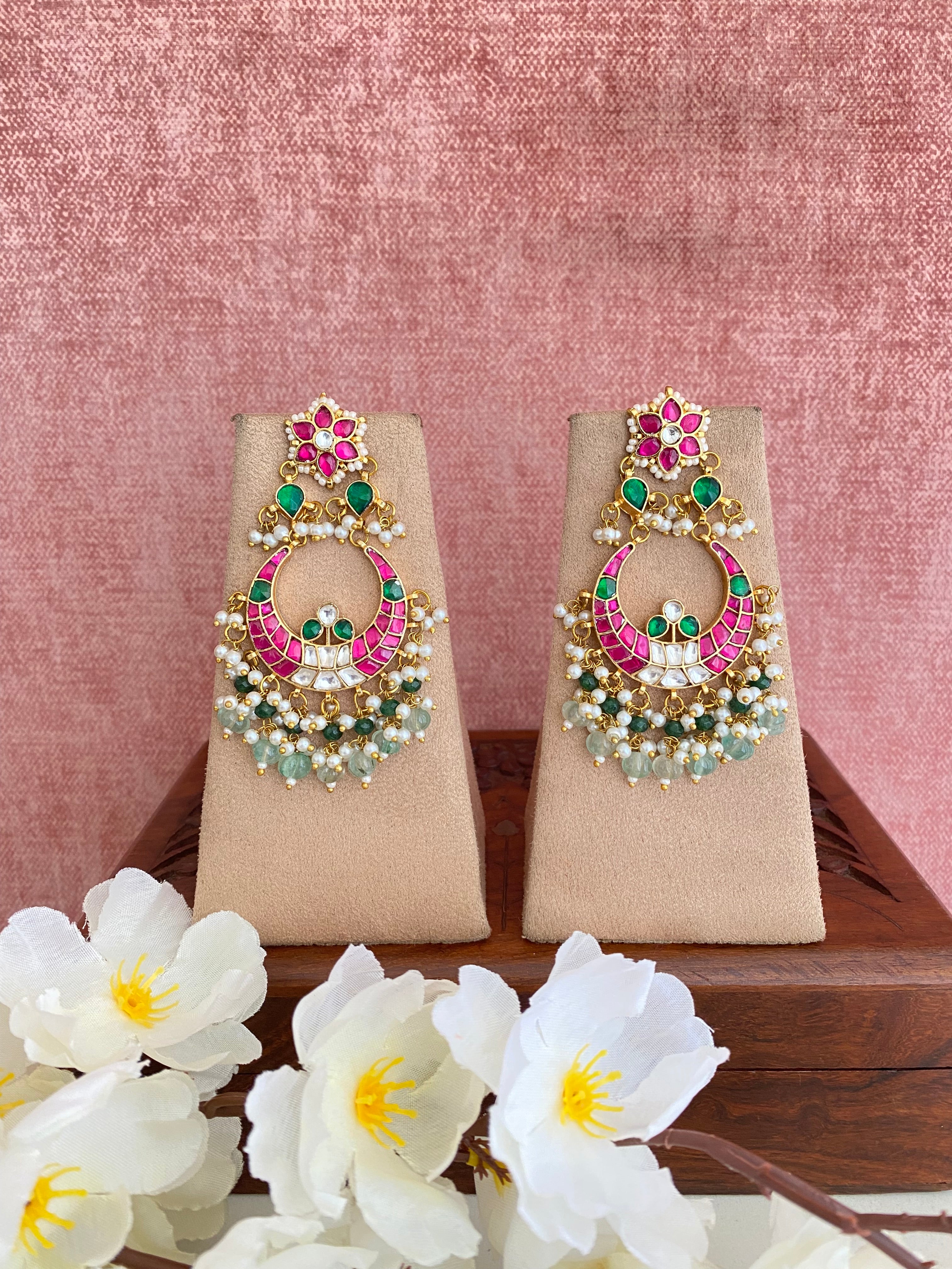 Gold Plated Kundan Earring in pink drops