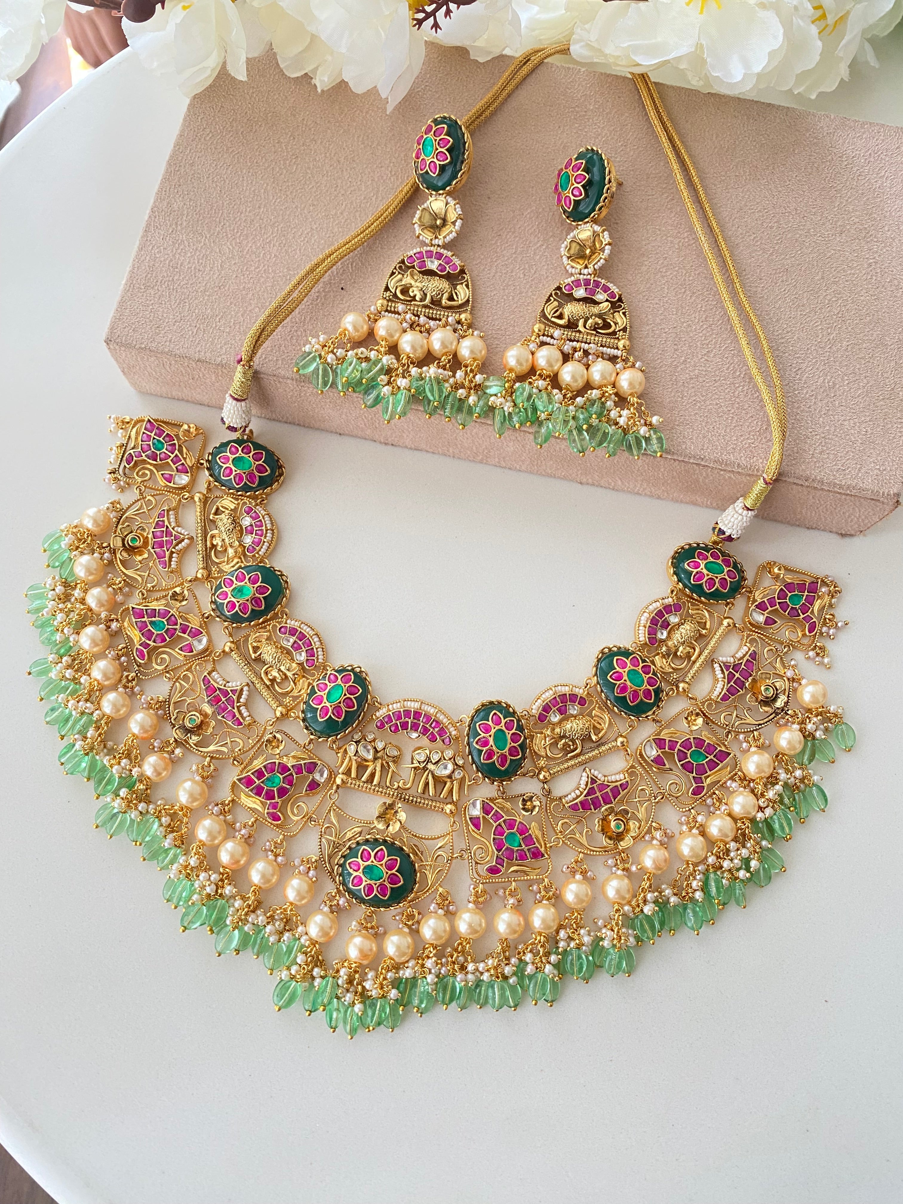 Gold Plated Antique Kundan Bridal Necklace Set