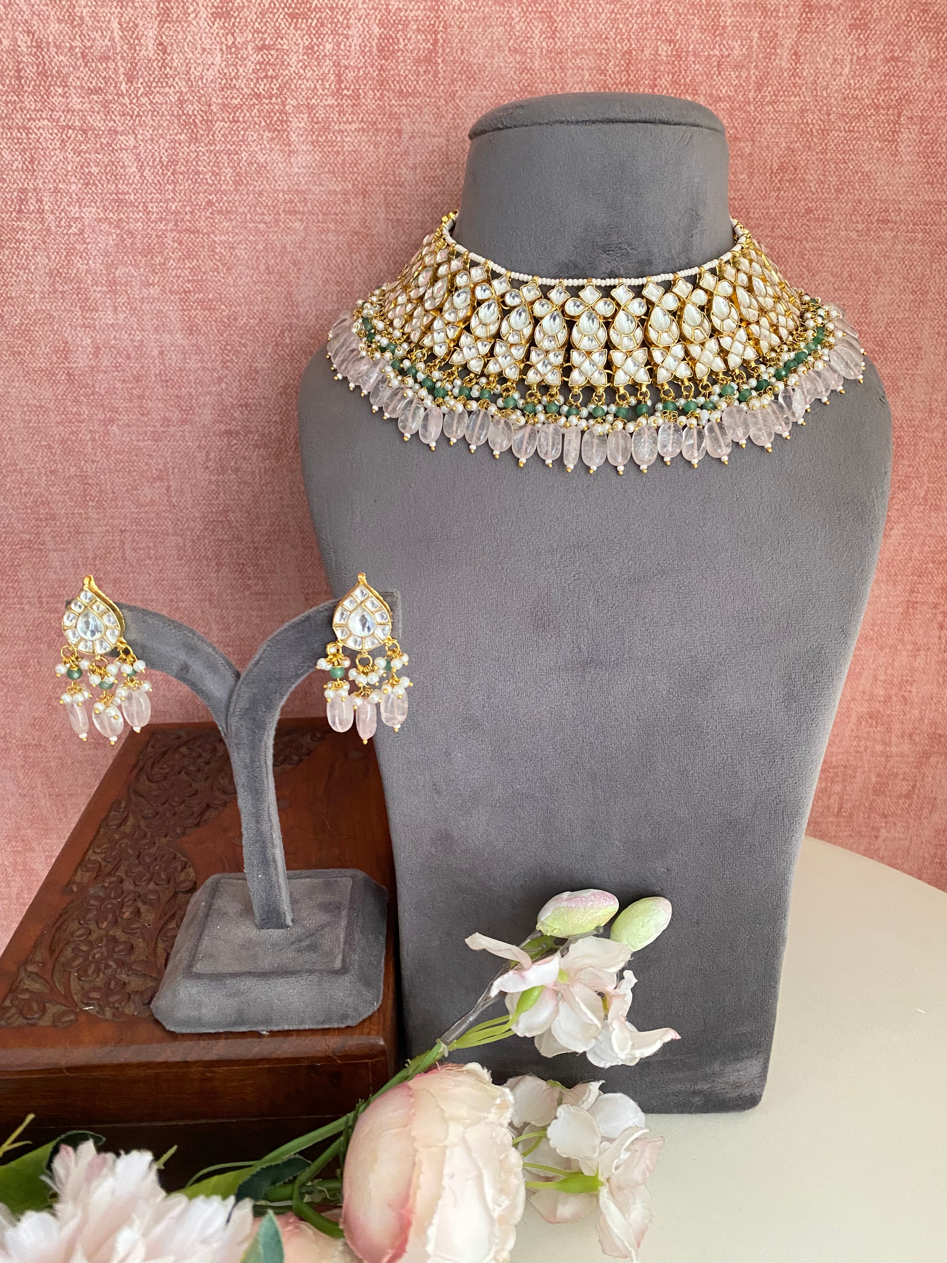 Kundan Necklace Set in Green Beads