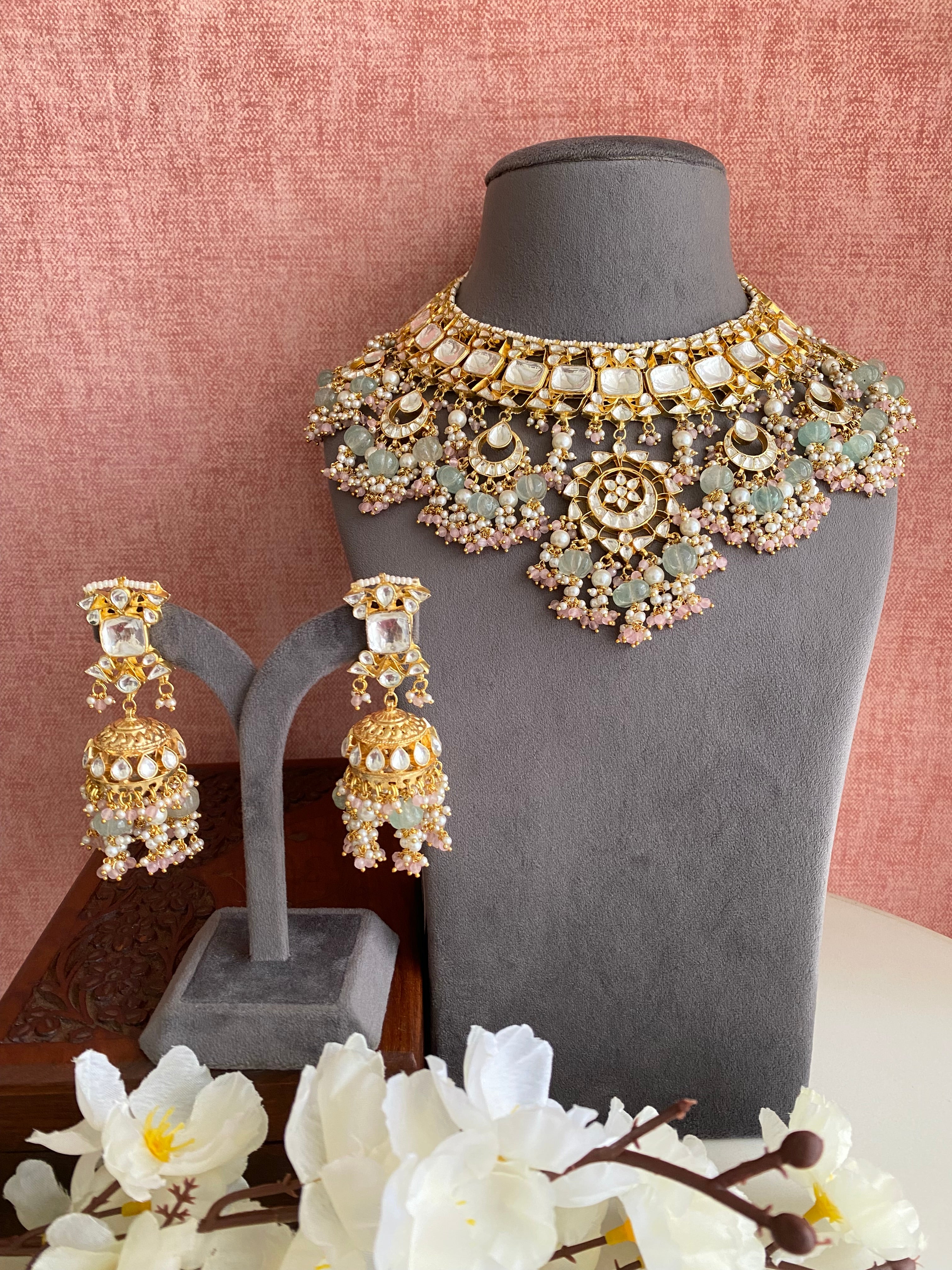 Kundan Bridal Necklace Set in mint Drops