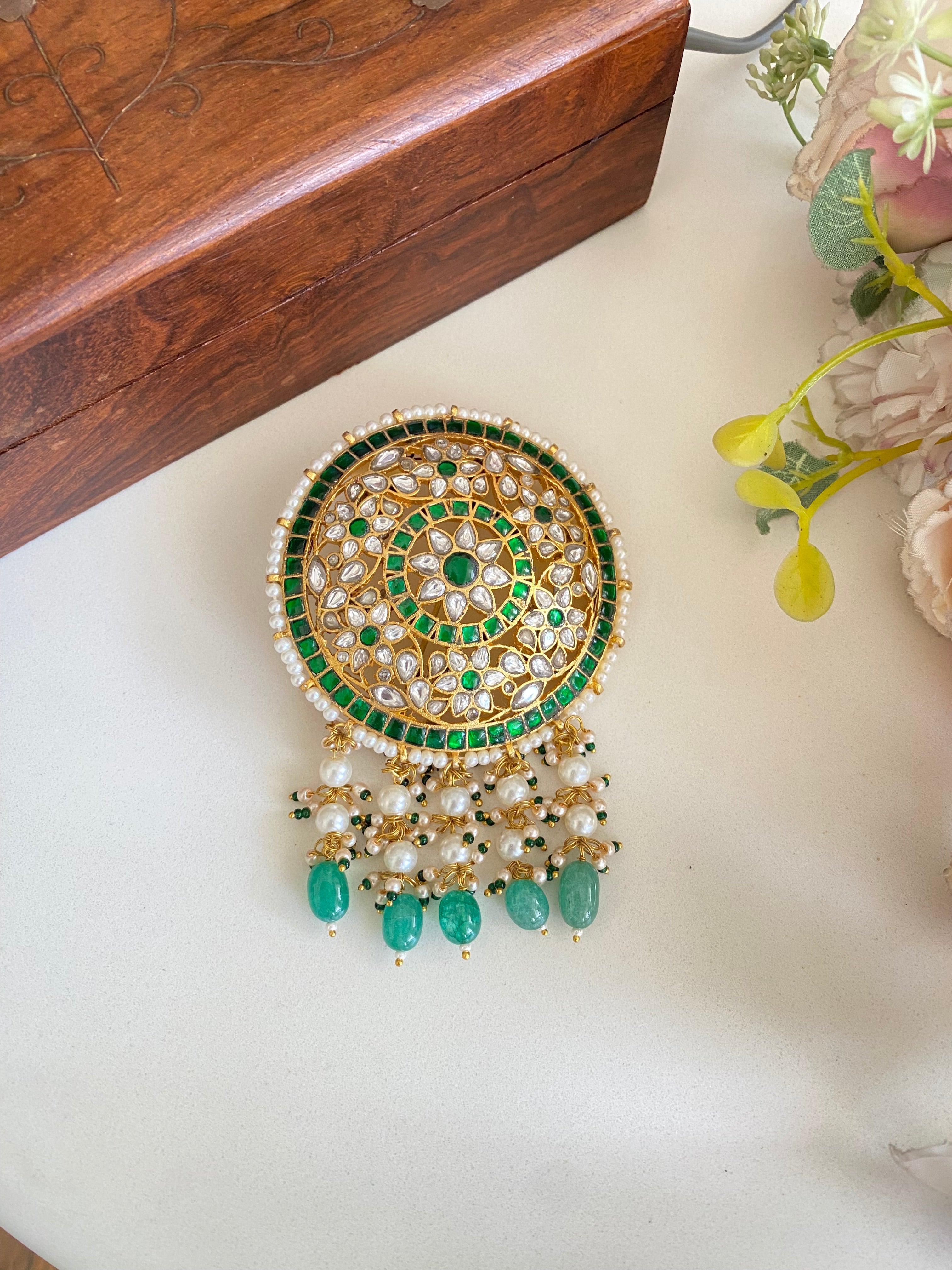 Gold Plated Kundan Green Juda Pin
