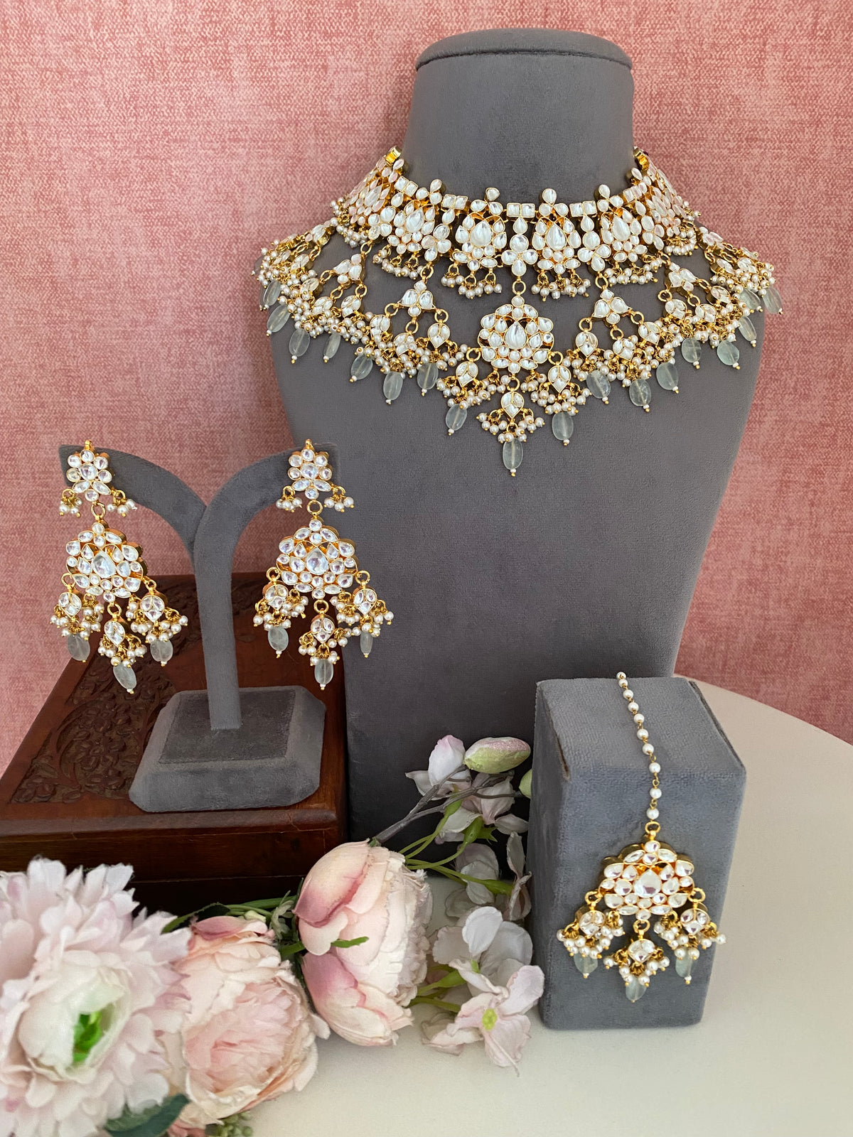 Kundan Bridal Necklace Set in Pink Drops