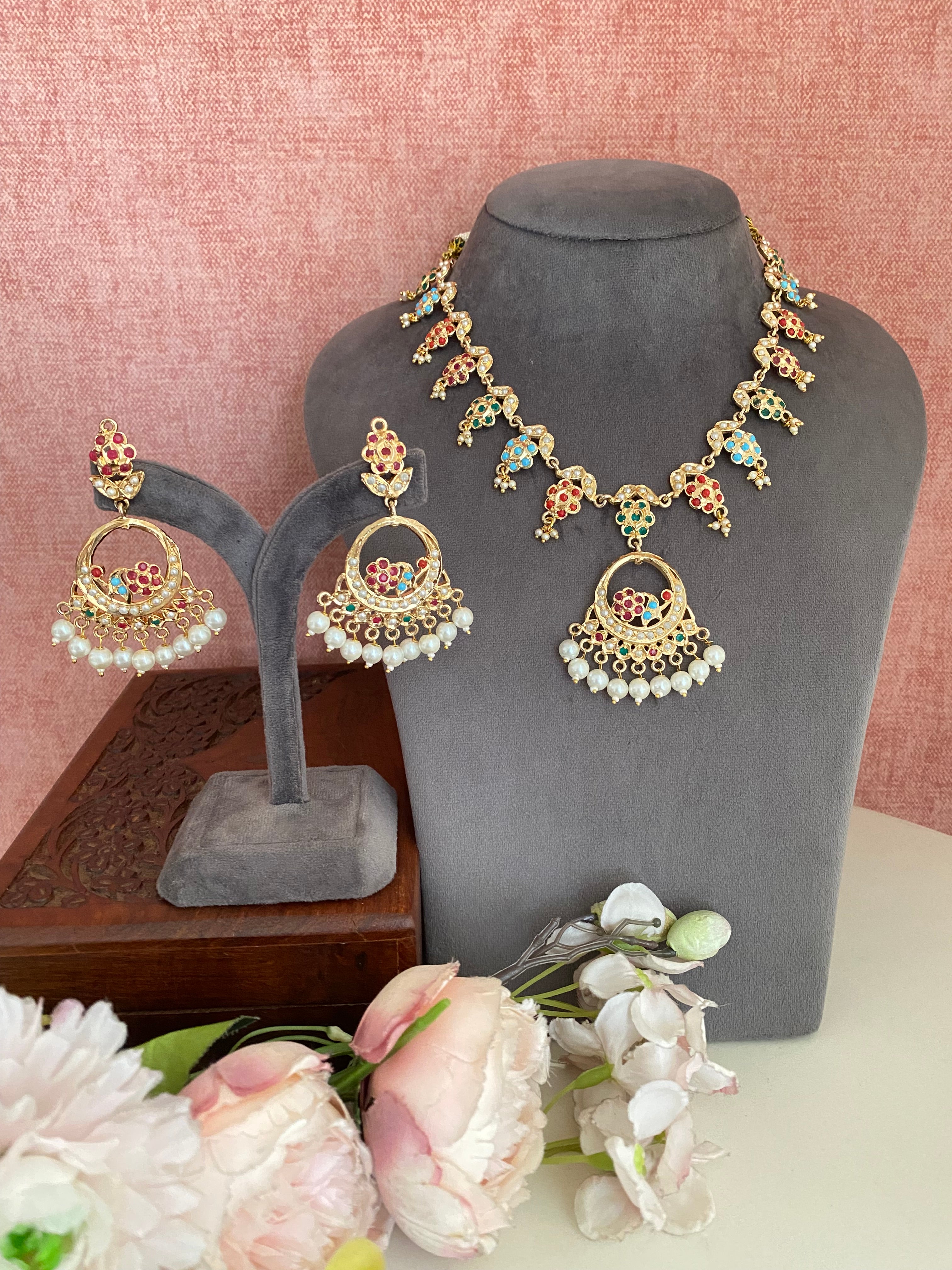 Amritsari Jadau Multi Necklace with chandbaali earrings