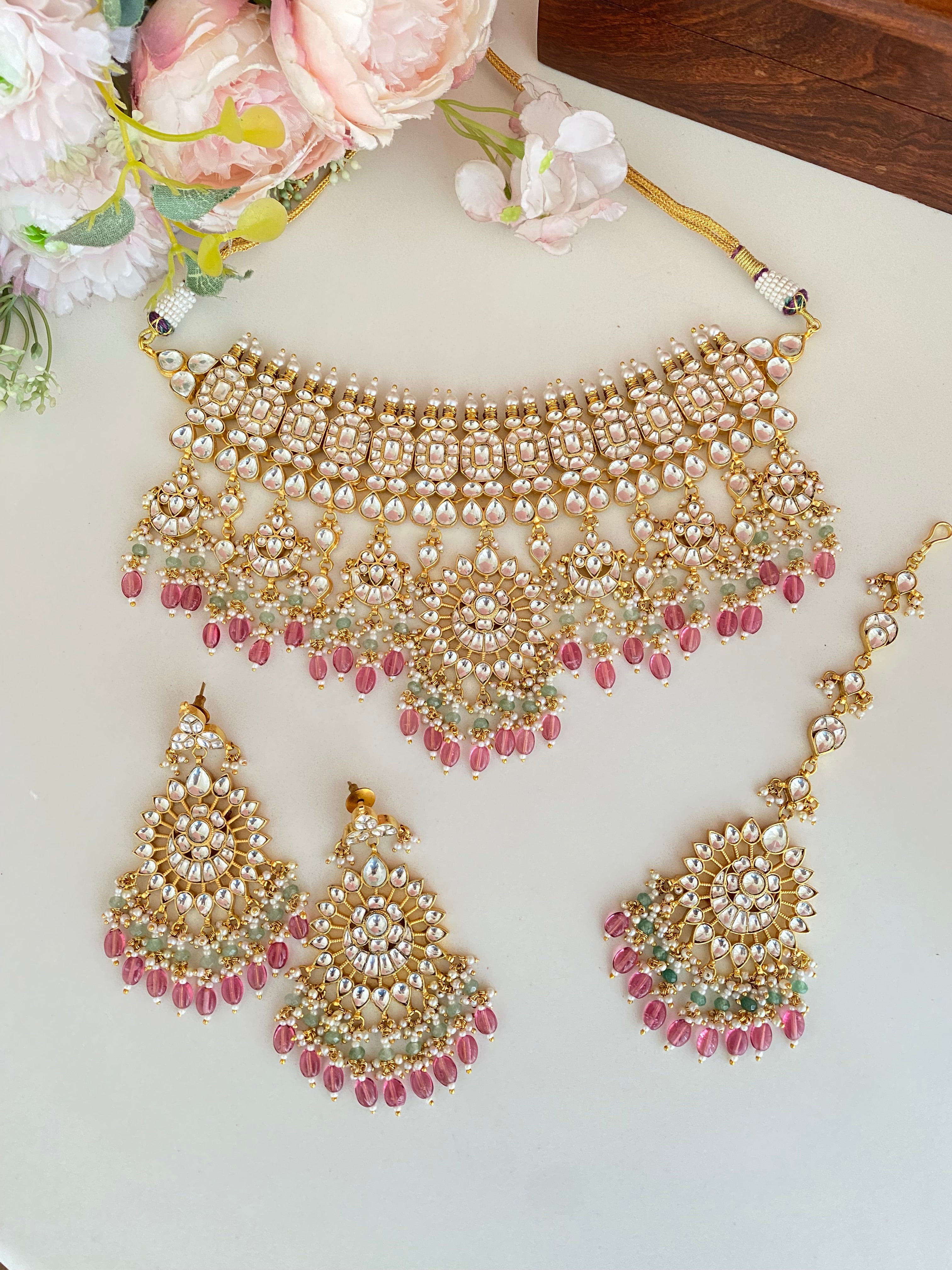 Kundan Bridal Necklace Set in pink drops