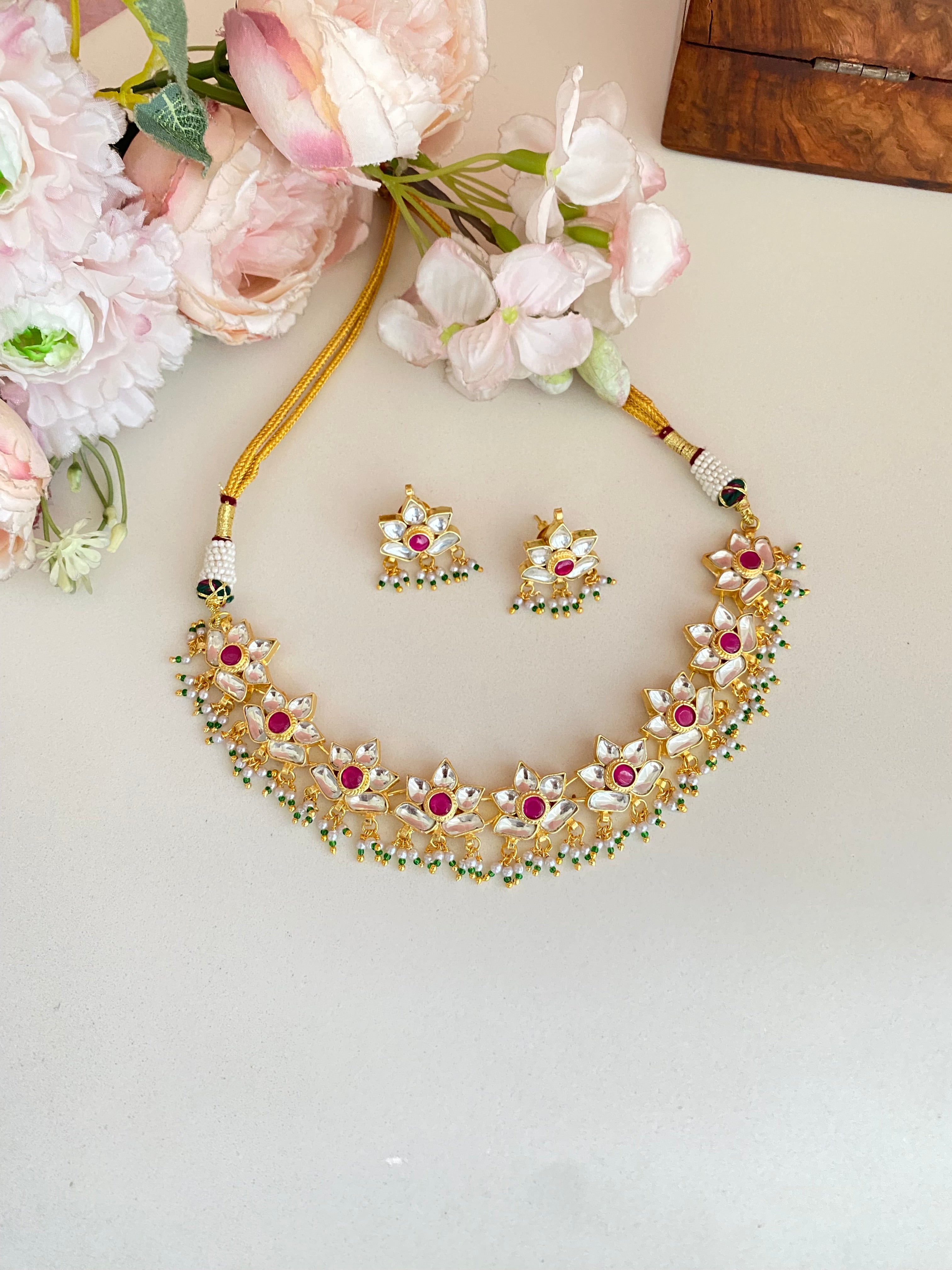 Gold Plated Kundan Lotus necklace set