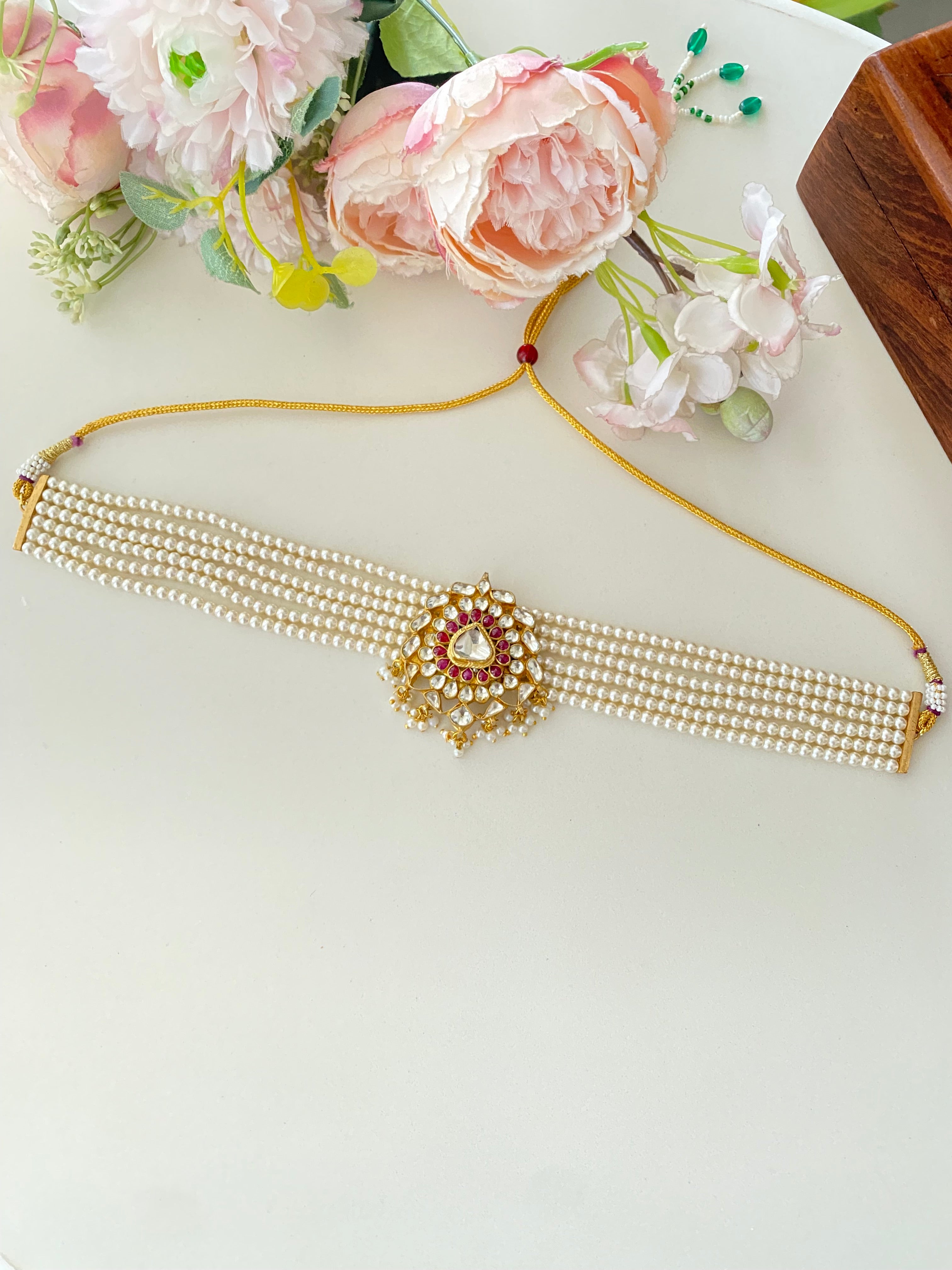 Gold plated Pink Kundan choker Set