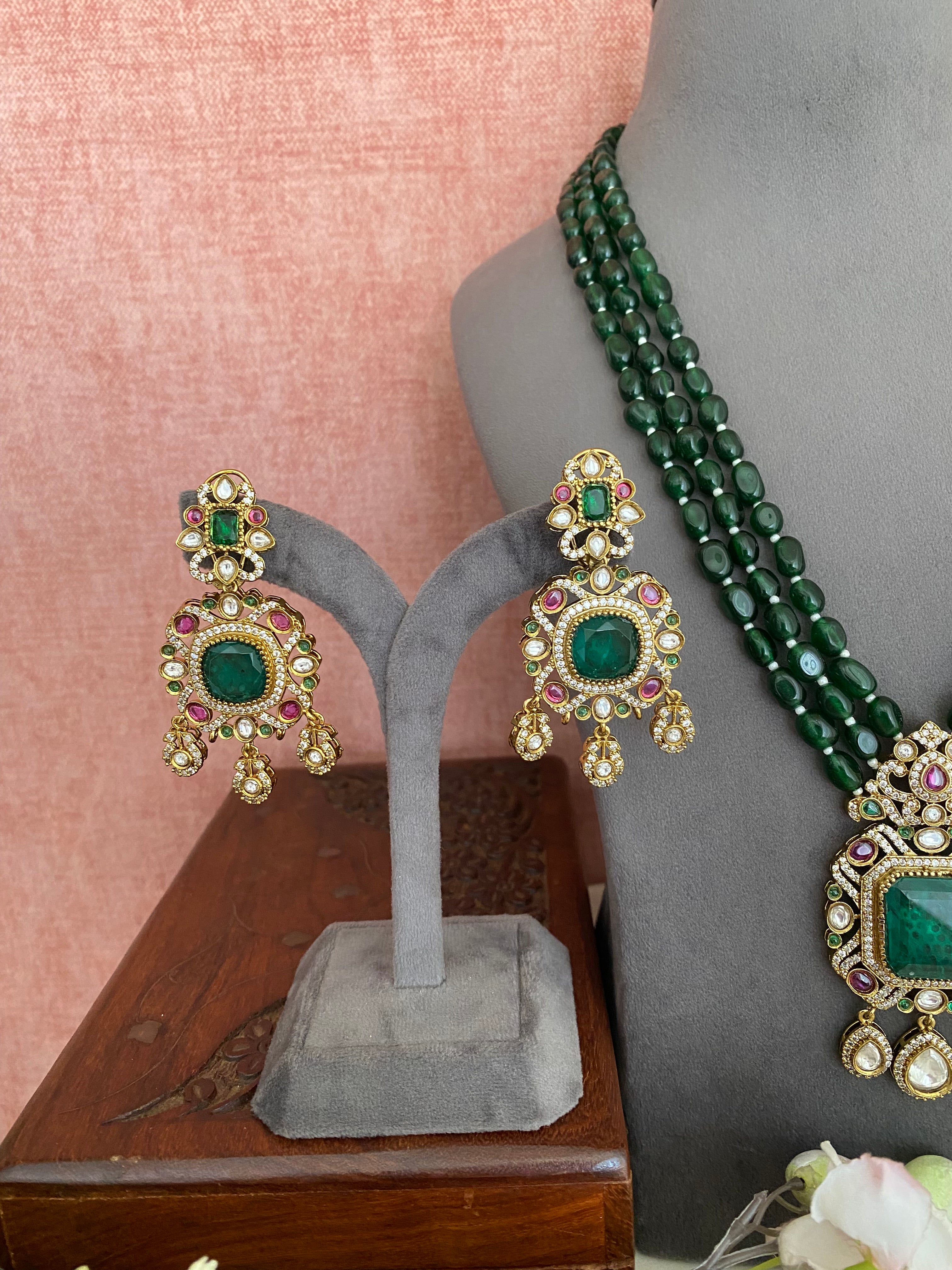 Moissanite Long Green Necklace Set