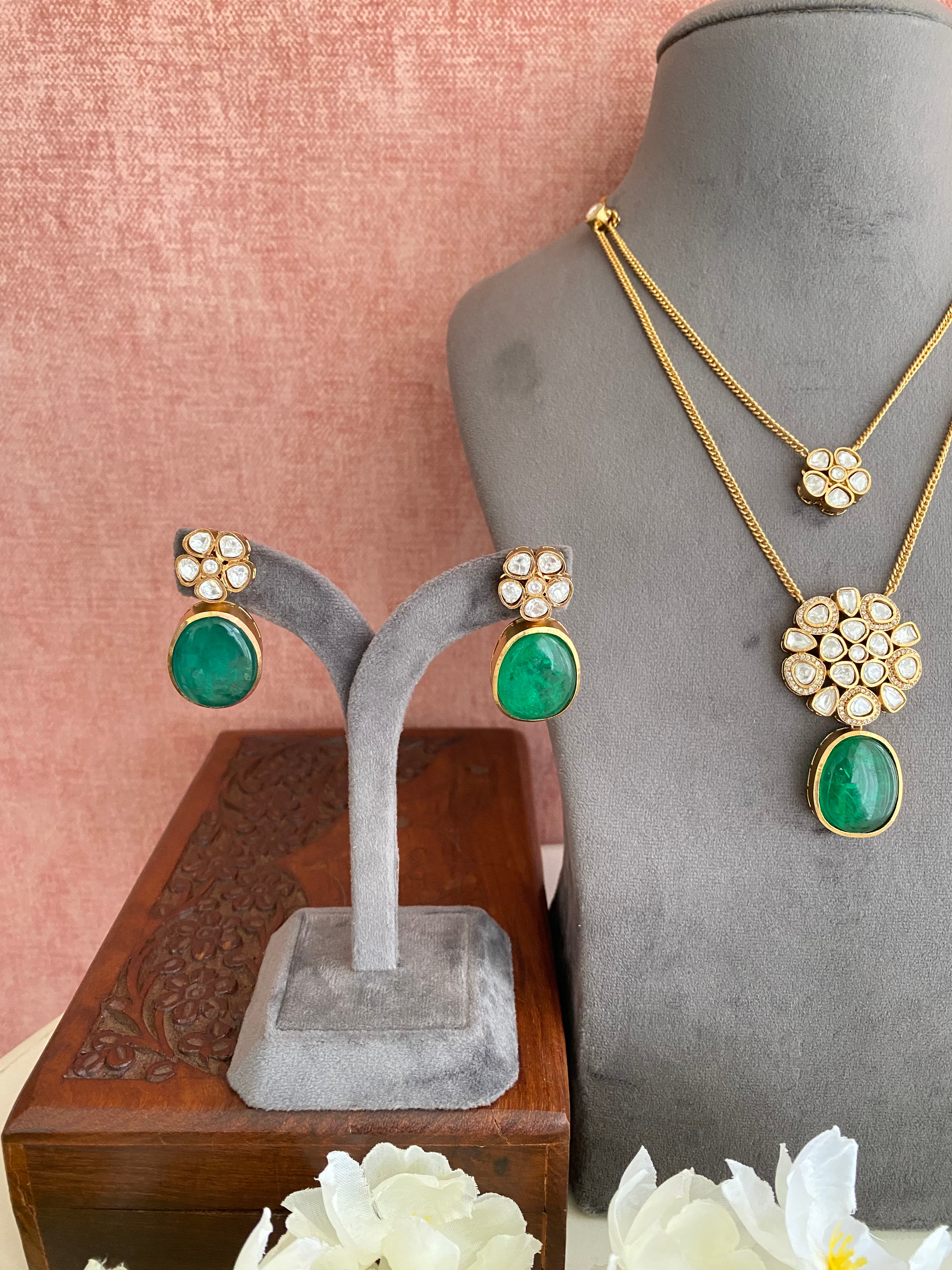 Gold plated Moissanite Green Pendant Set