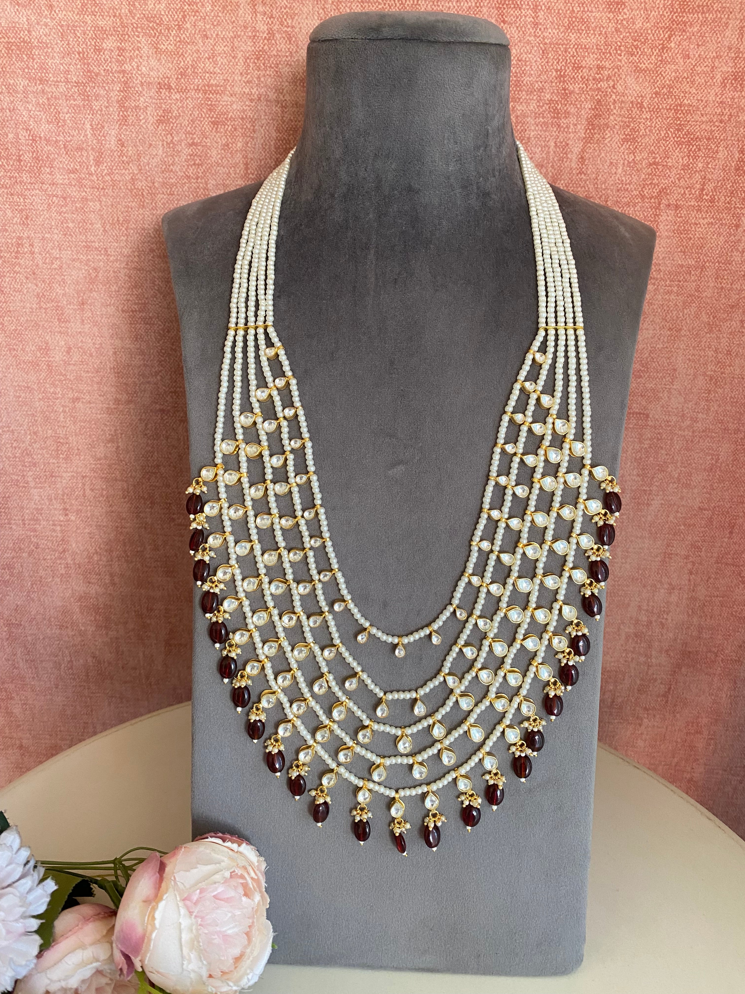 Five-Line gold plated Jadau Kundan Raani Haar/ Necklace in maroon beads
