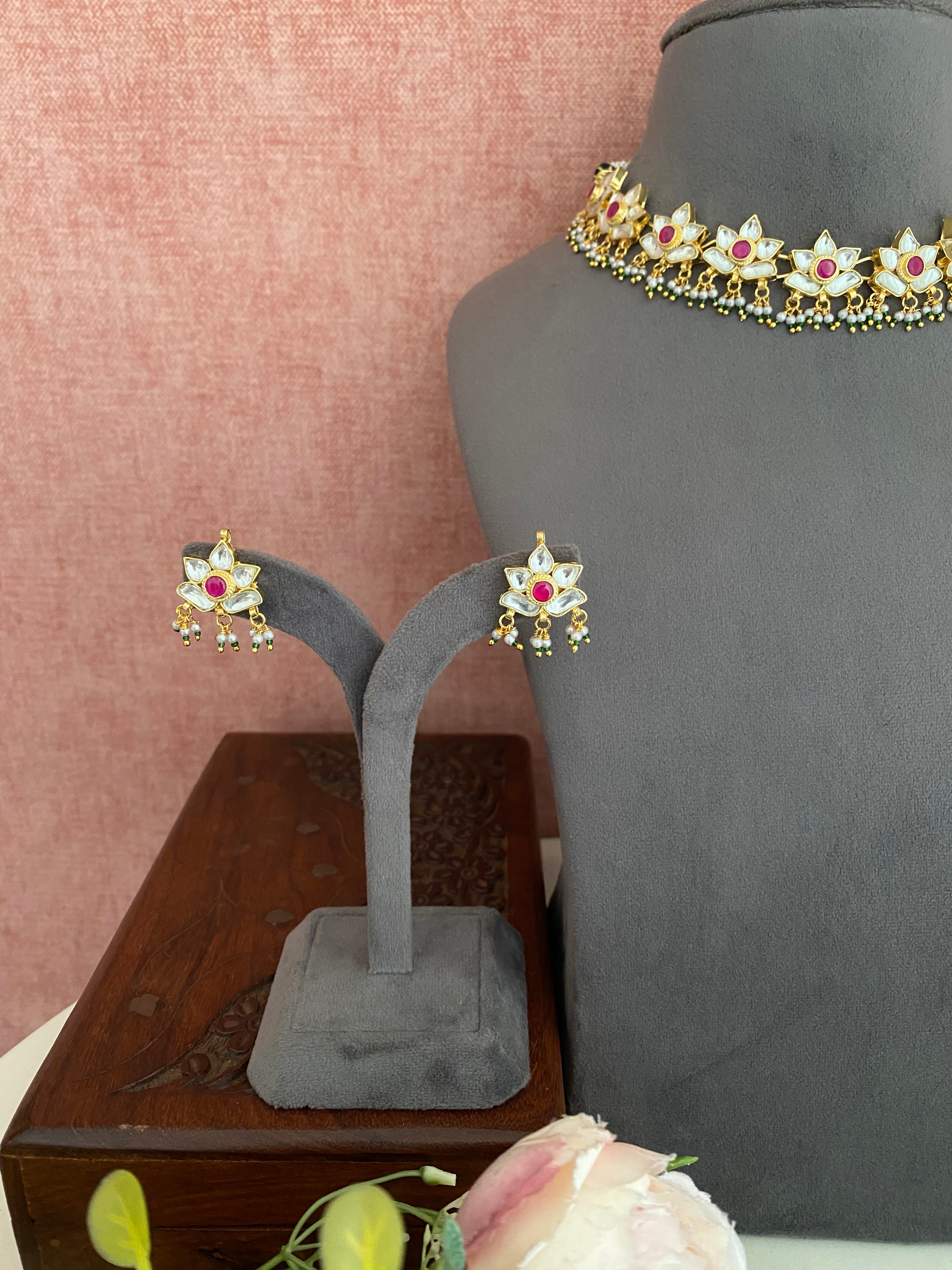 Gold Plated Kundan Lotus necklace set
