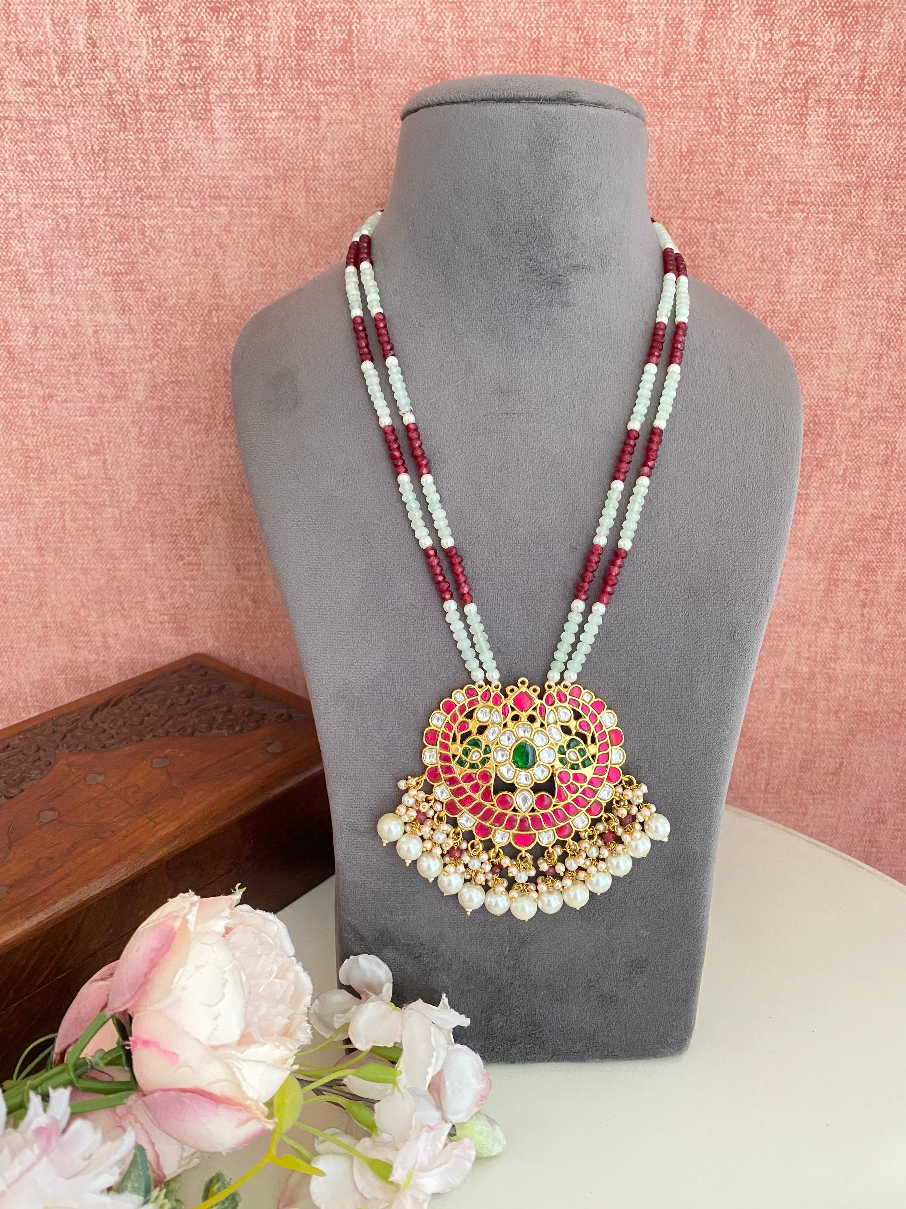 Gold Plated Pink Green Kundan Long set