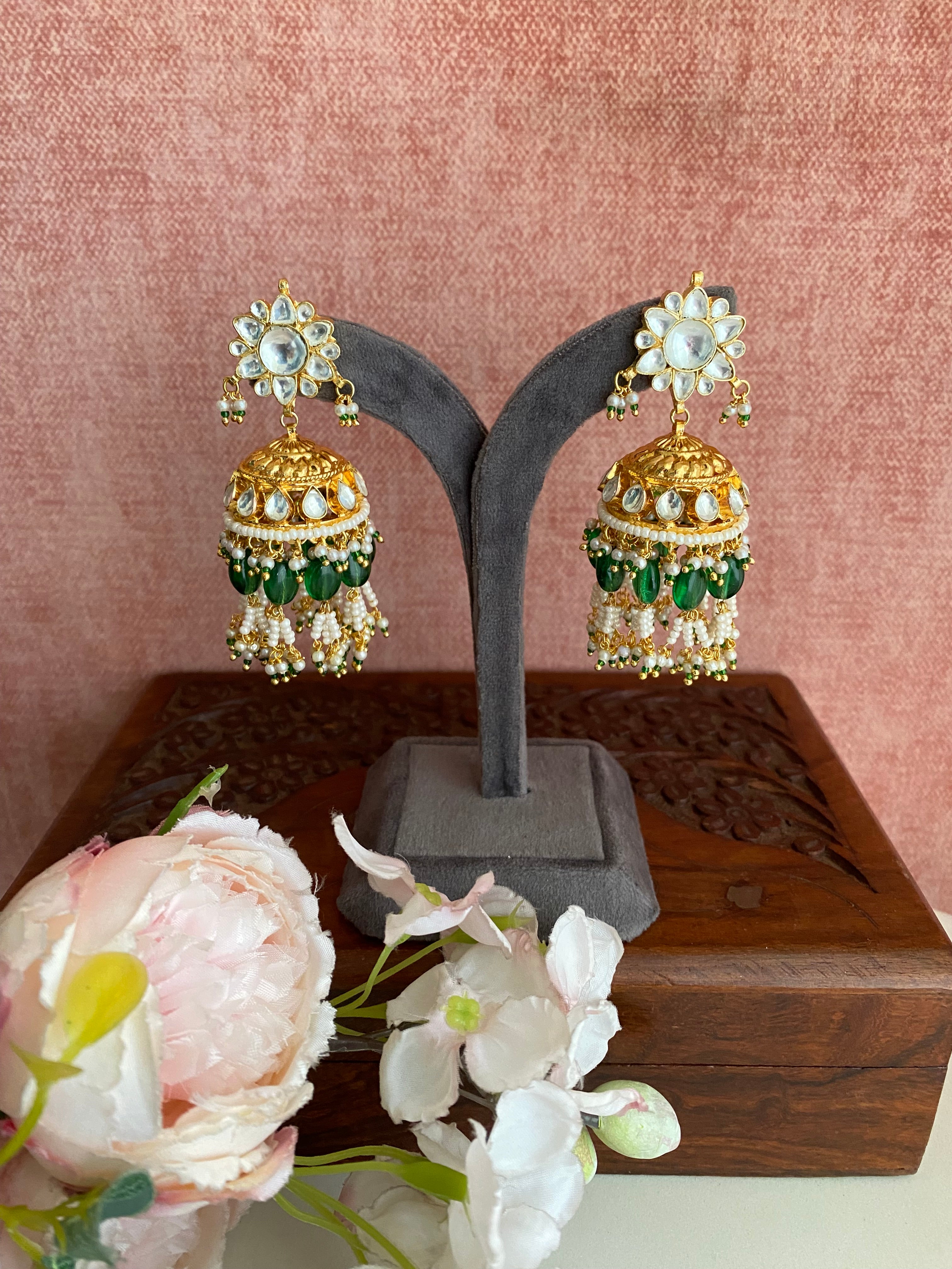 Gold Plated Kundan green drop Jhumka
