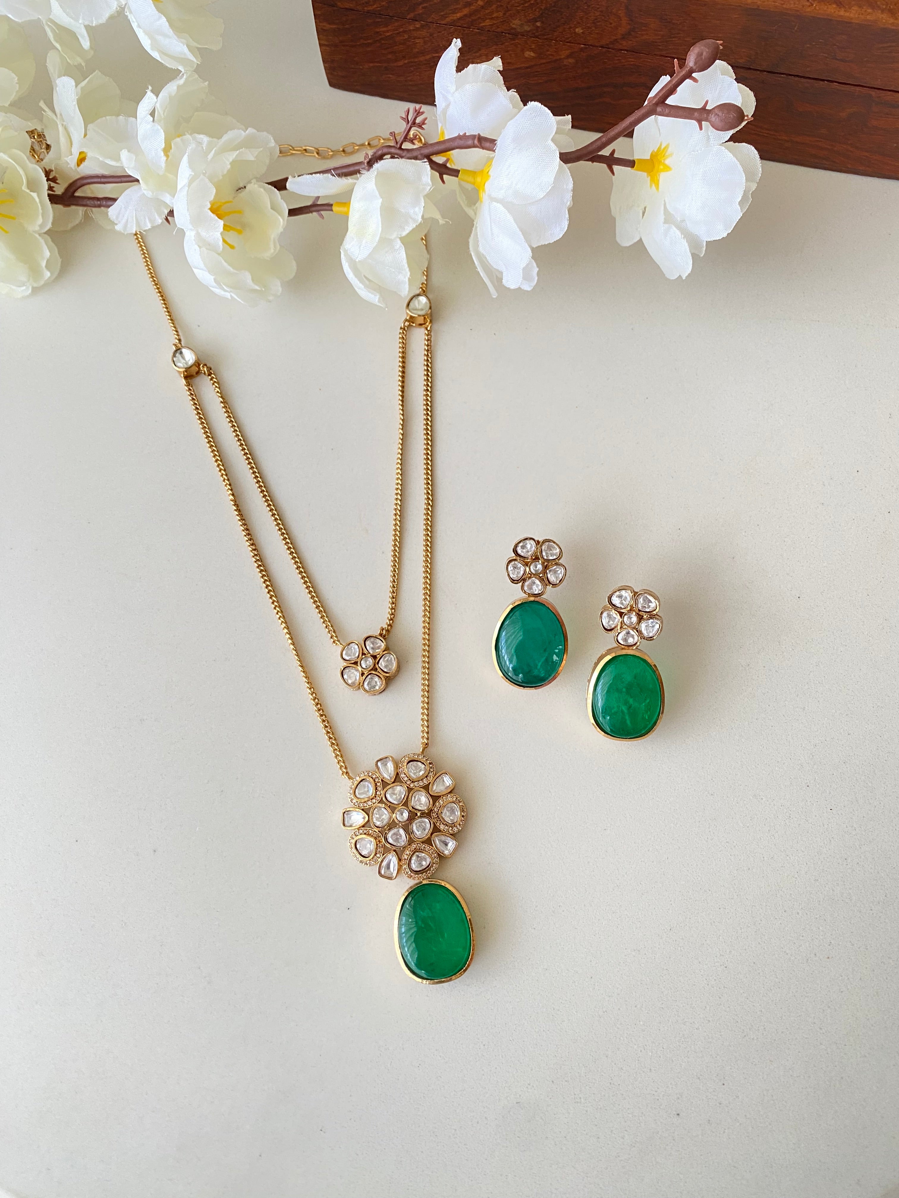 Gold plated Moissanite Green Pendant Set