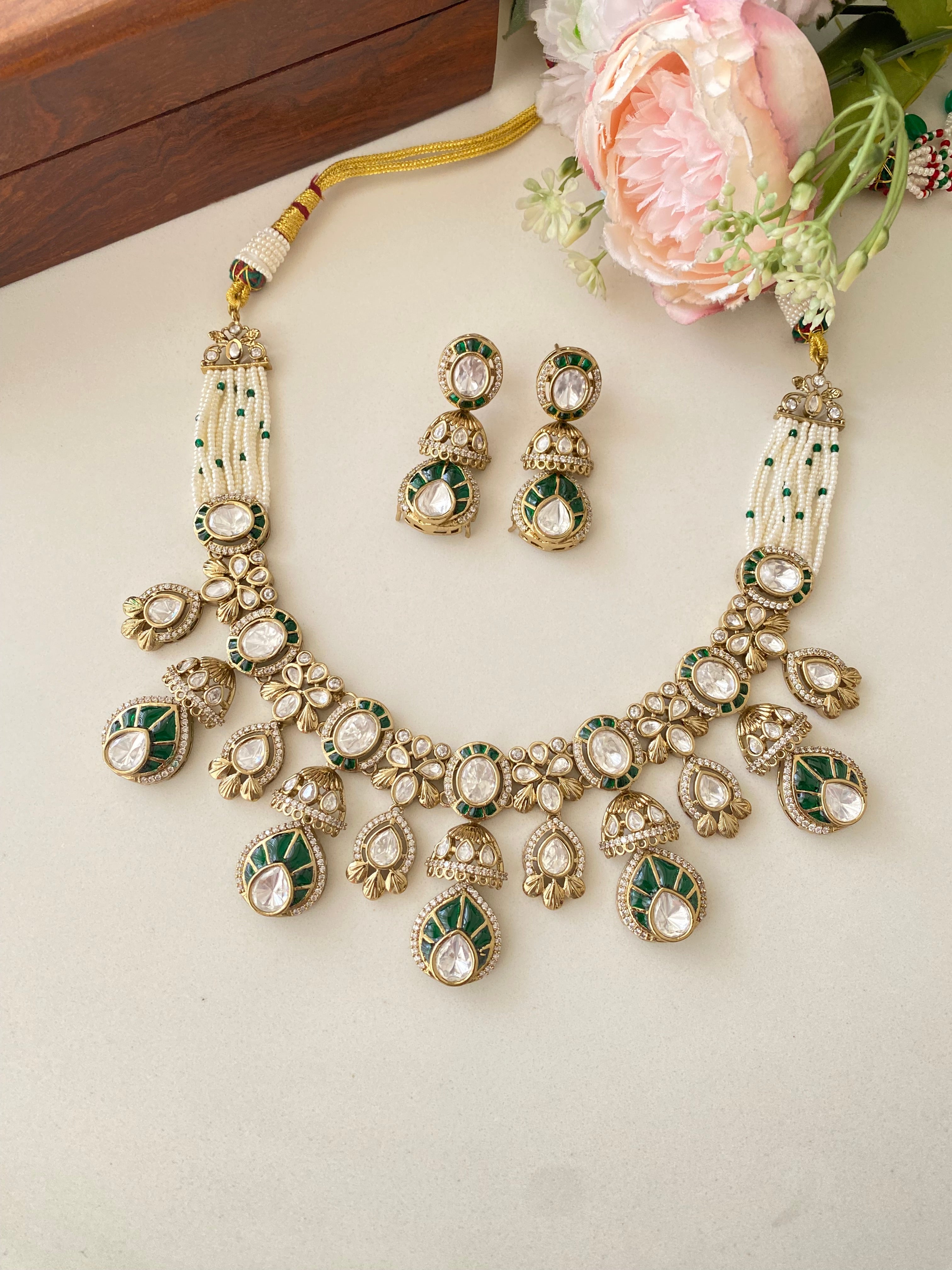 Moissanite Polki Green Necklace Set