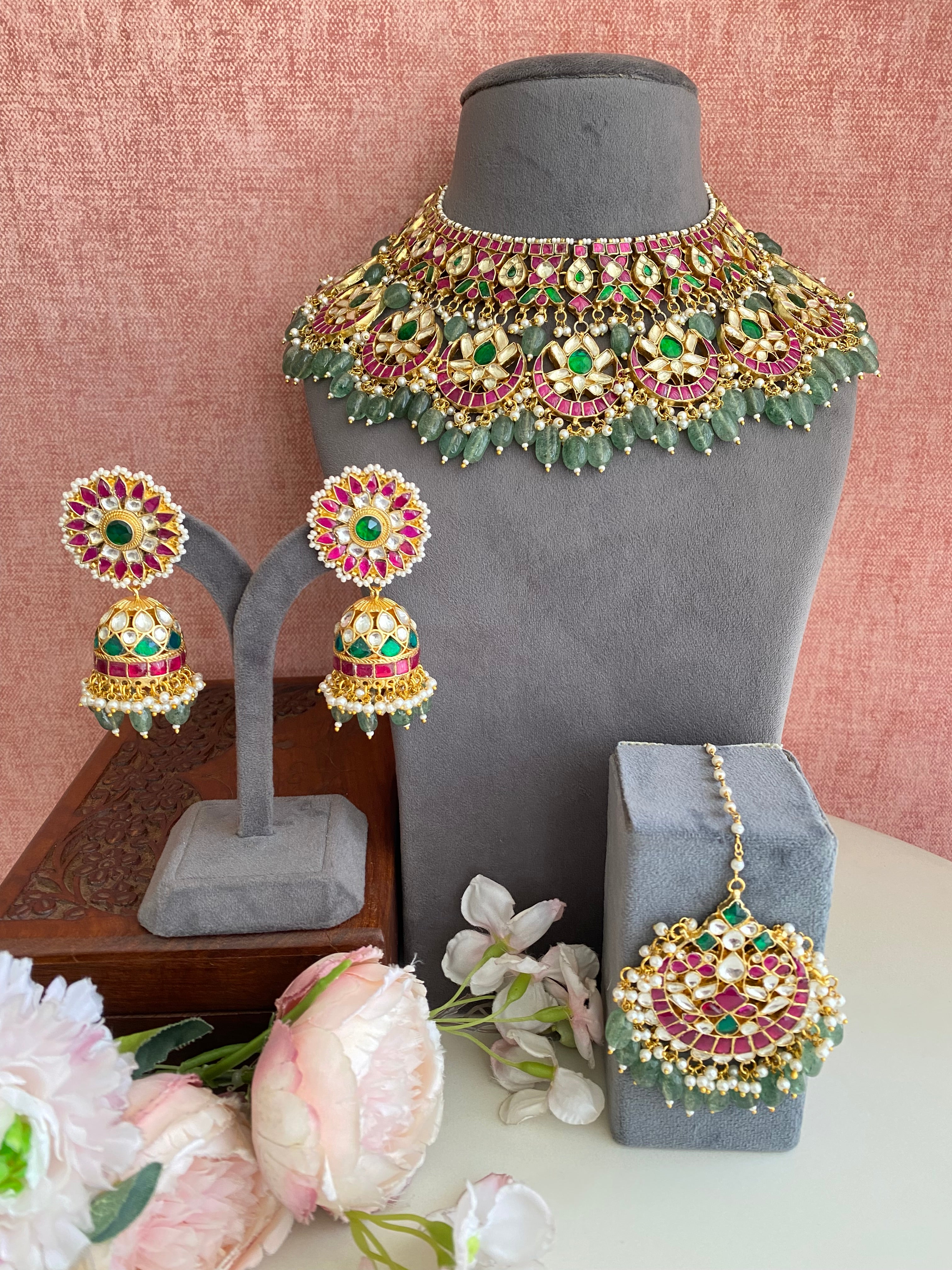 Multicolour kundan Bridal Set in Mint drops