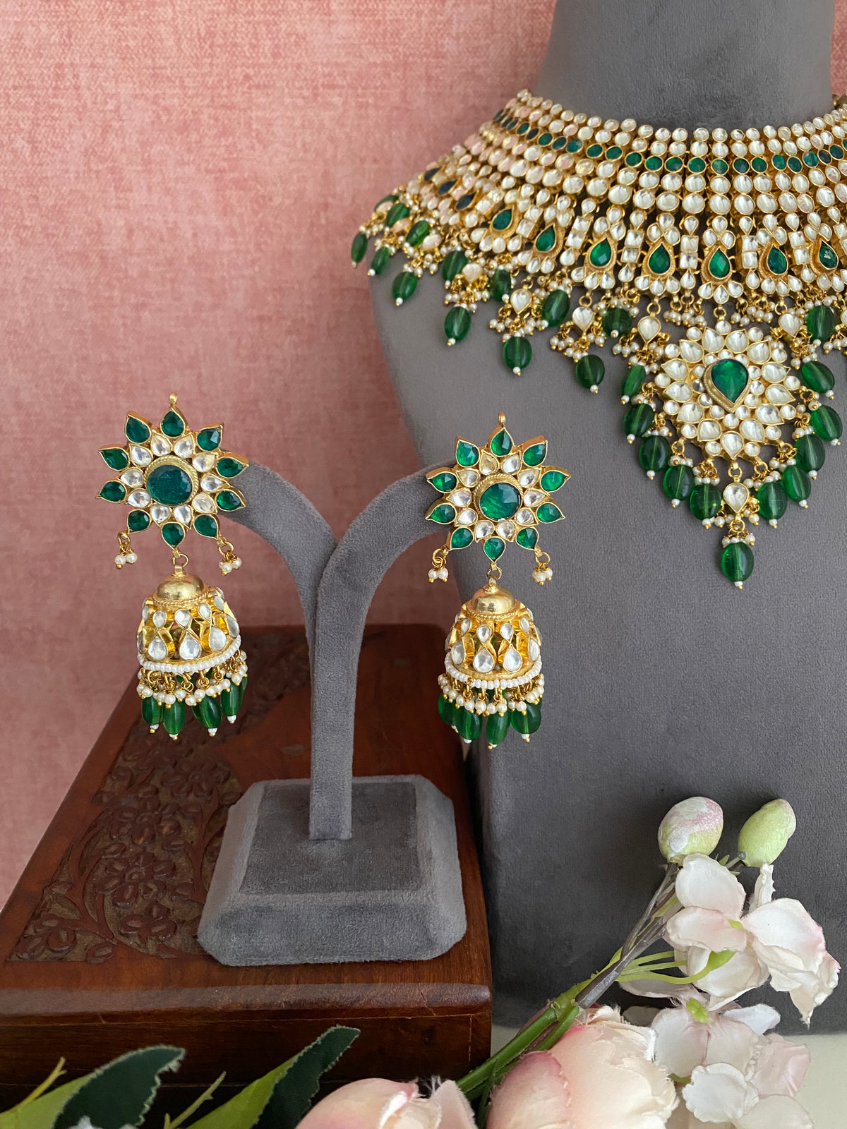 Gold Plated Kundan Green Necklace Set in