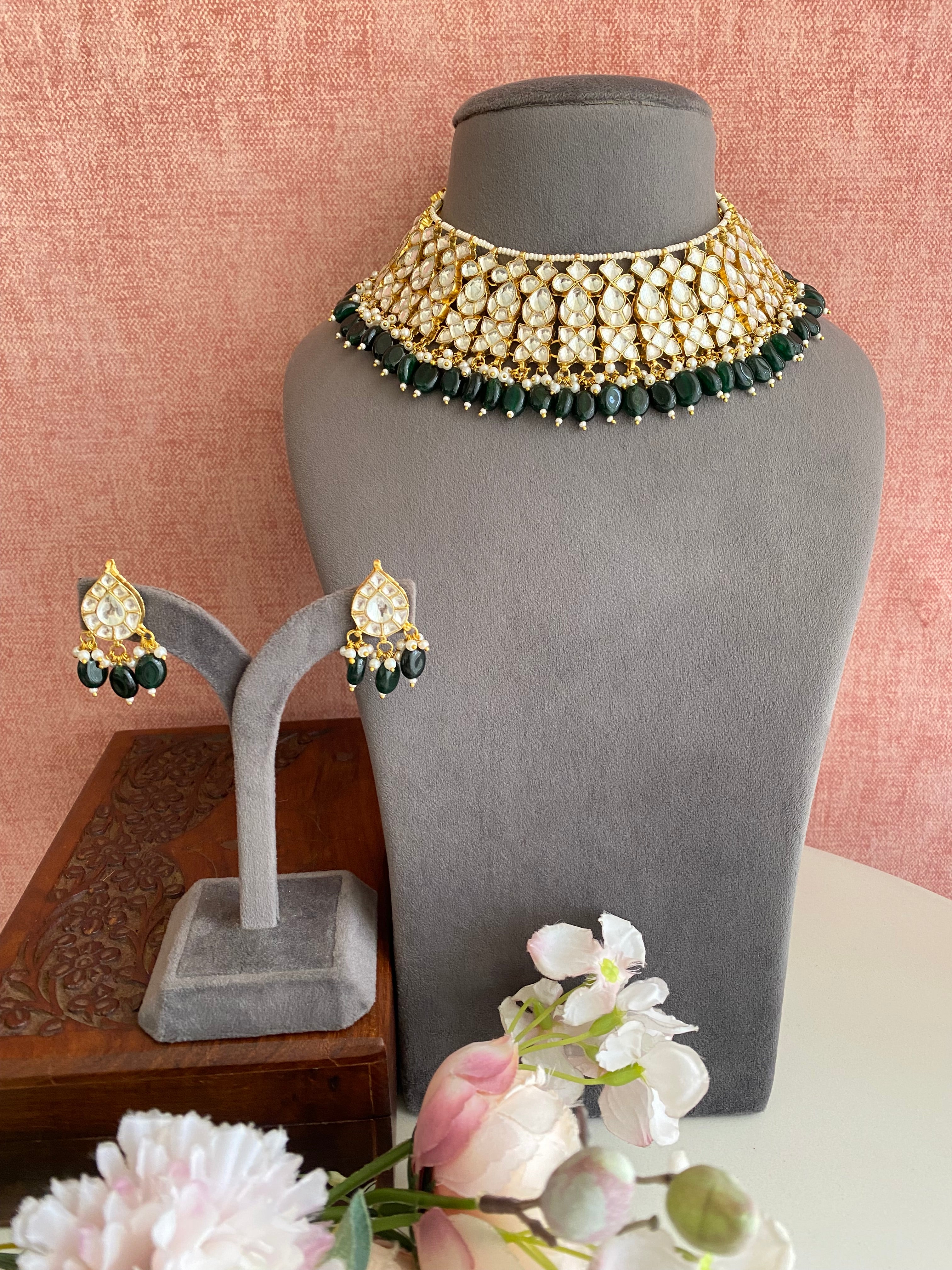 Kundan Necklace Set in Green Beads