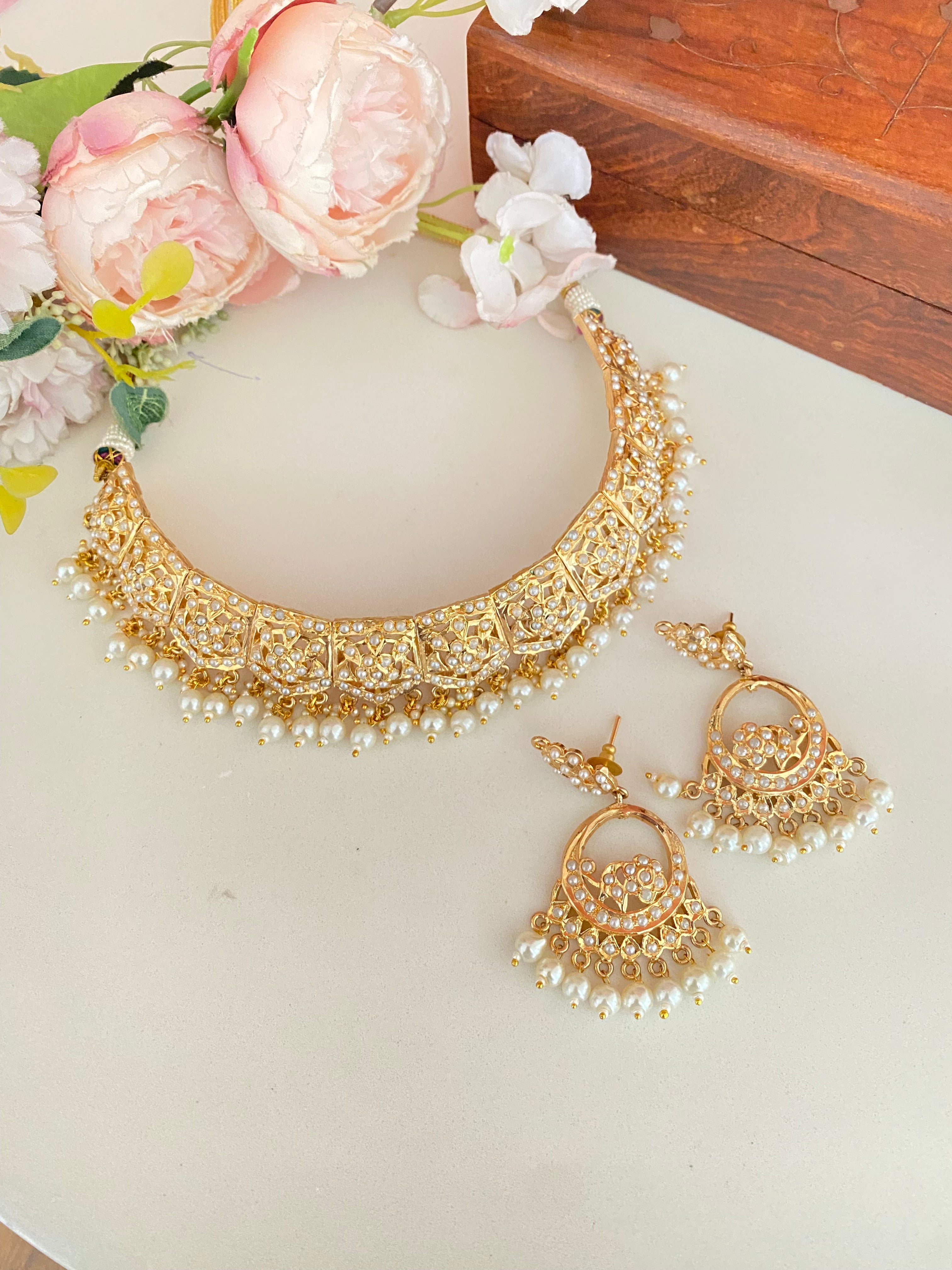 Amritsari Jadau Gold Plated Necklace set in Pearl