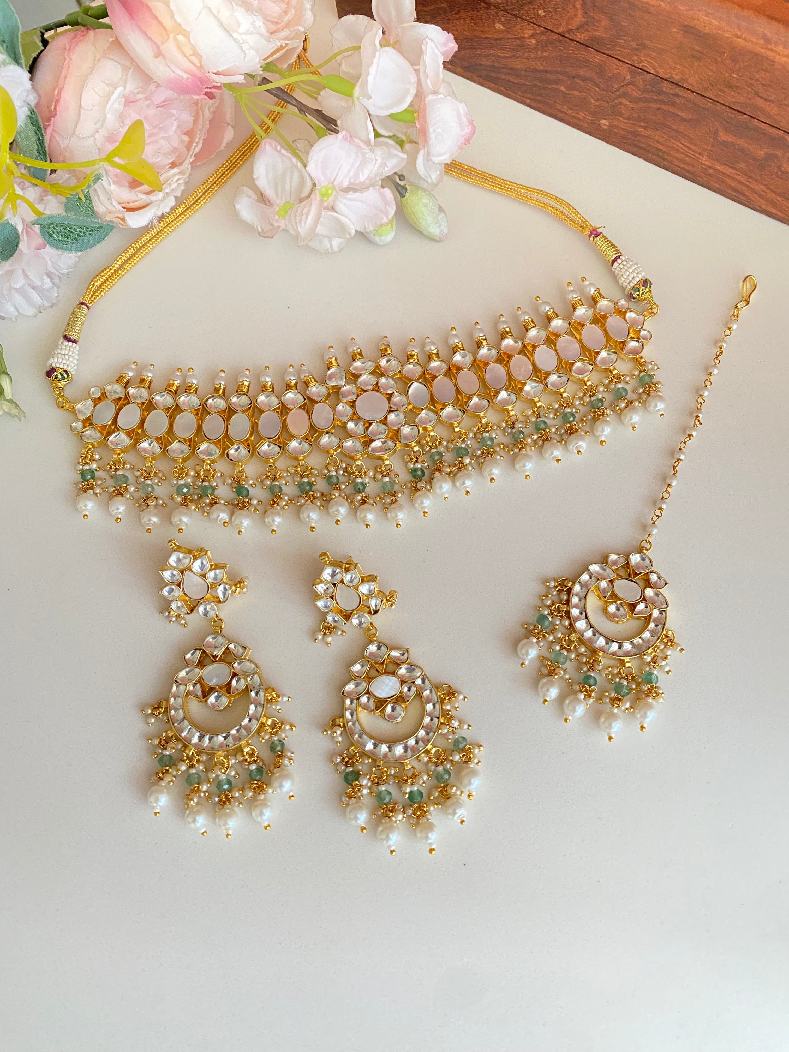 Mother of Pearl with kundan Choker Set in mint drops