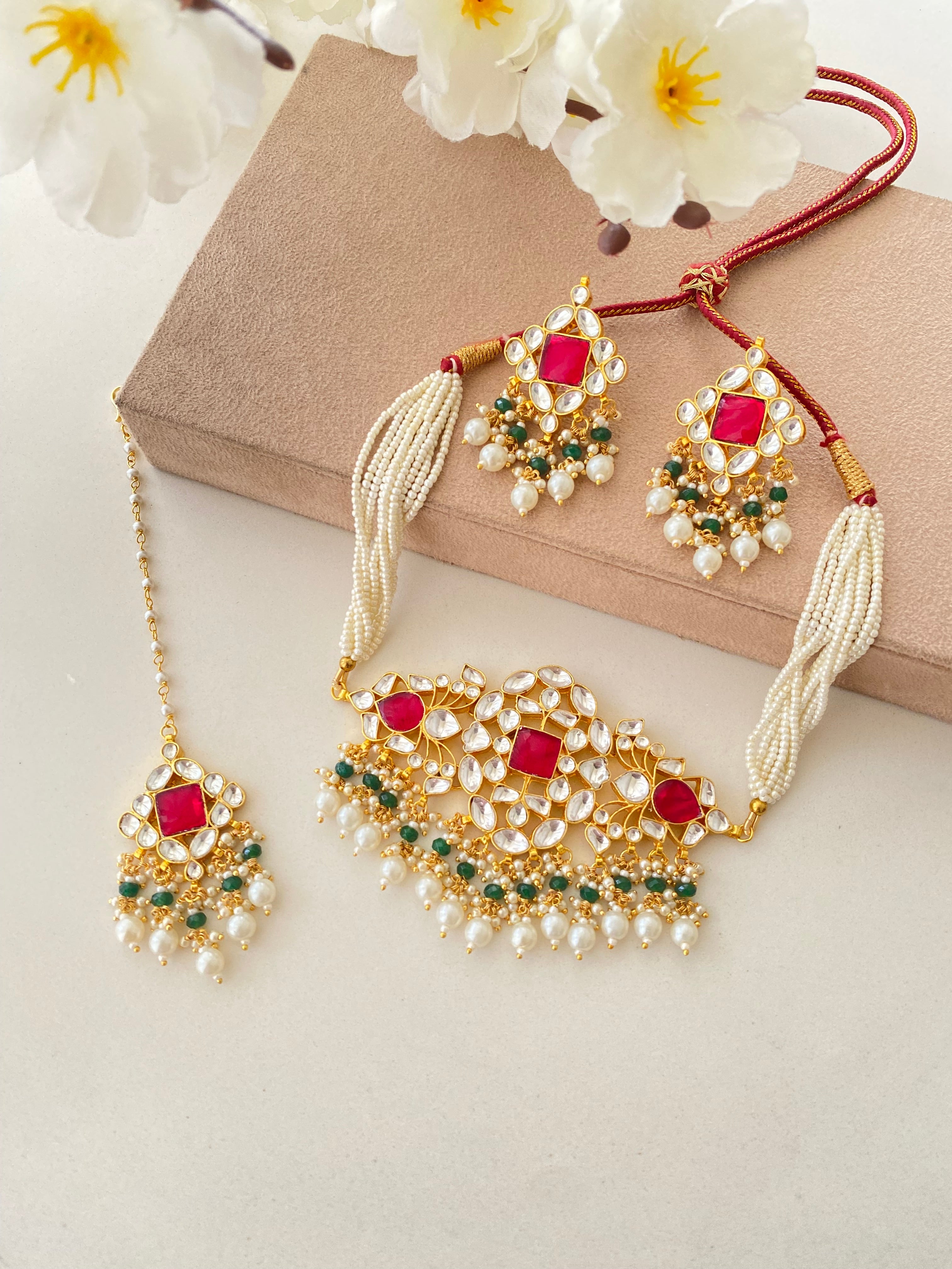 Gold plated Pink Kundan choker set