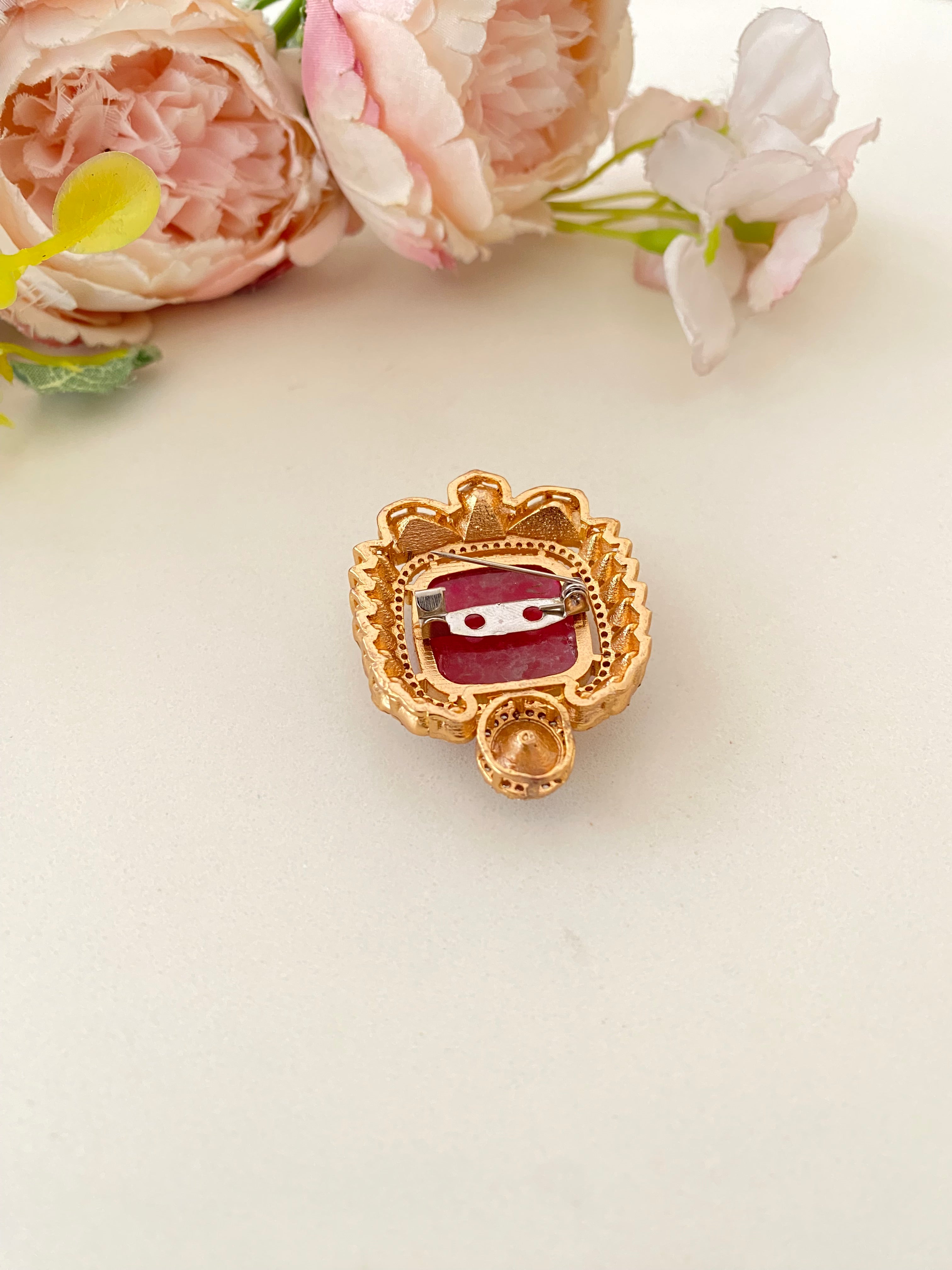 Gold plated Red Stone Moissanite Brooch