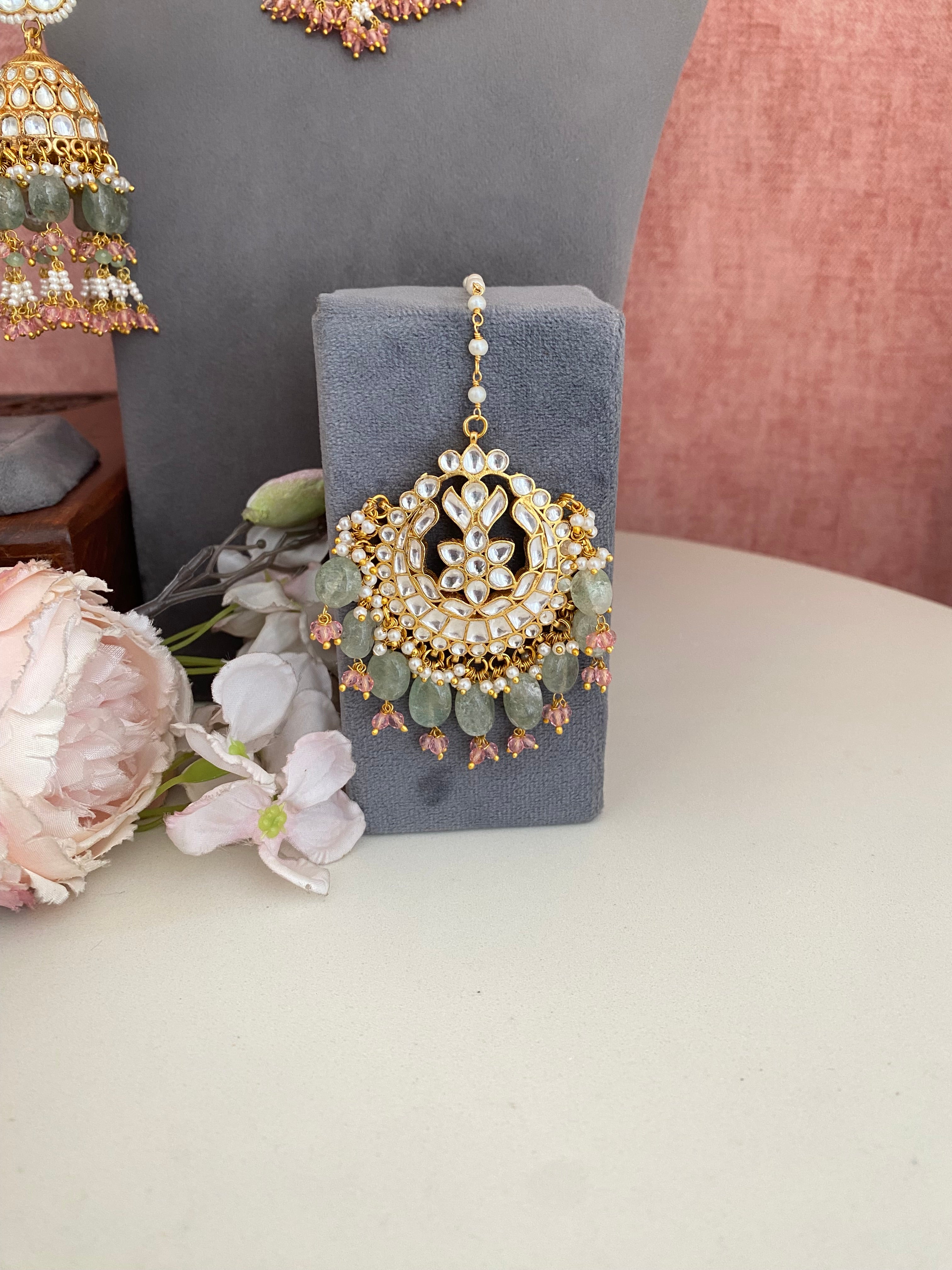 Kundan Bridal Necklace Set in mint and pink drops