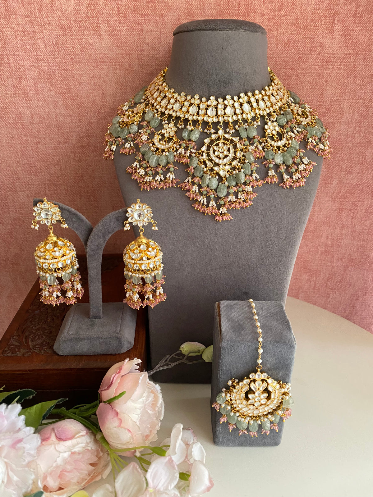 Kundan Bridal Necklace Set in mint and pink drops