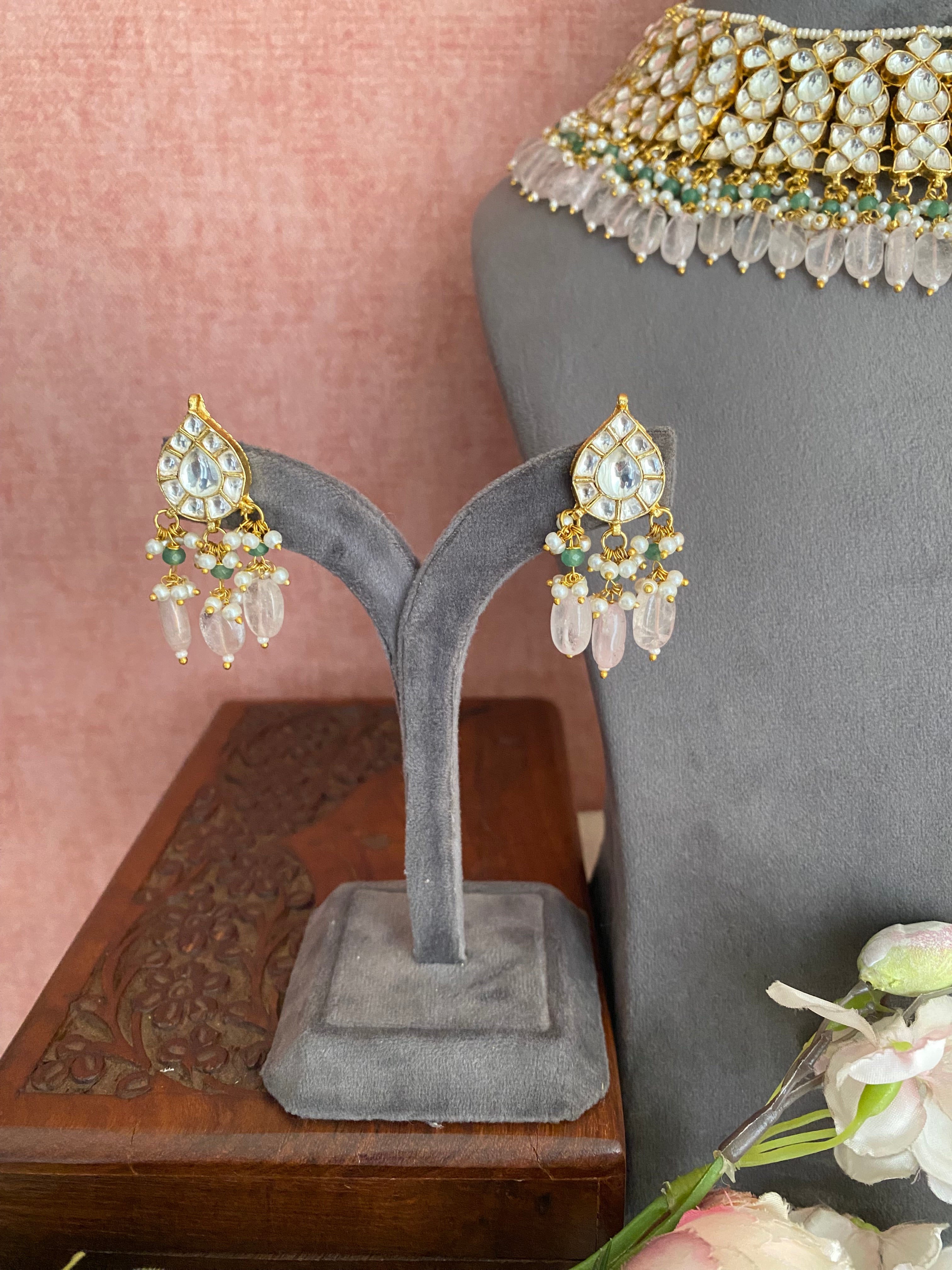Kundan Necklace Set in Green Beads