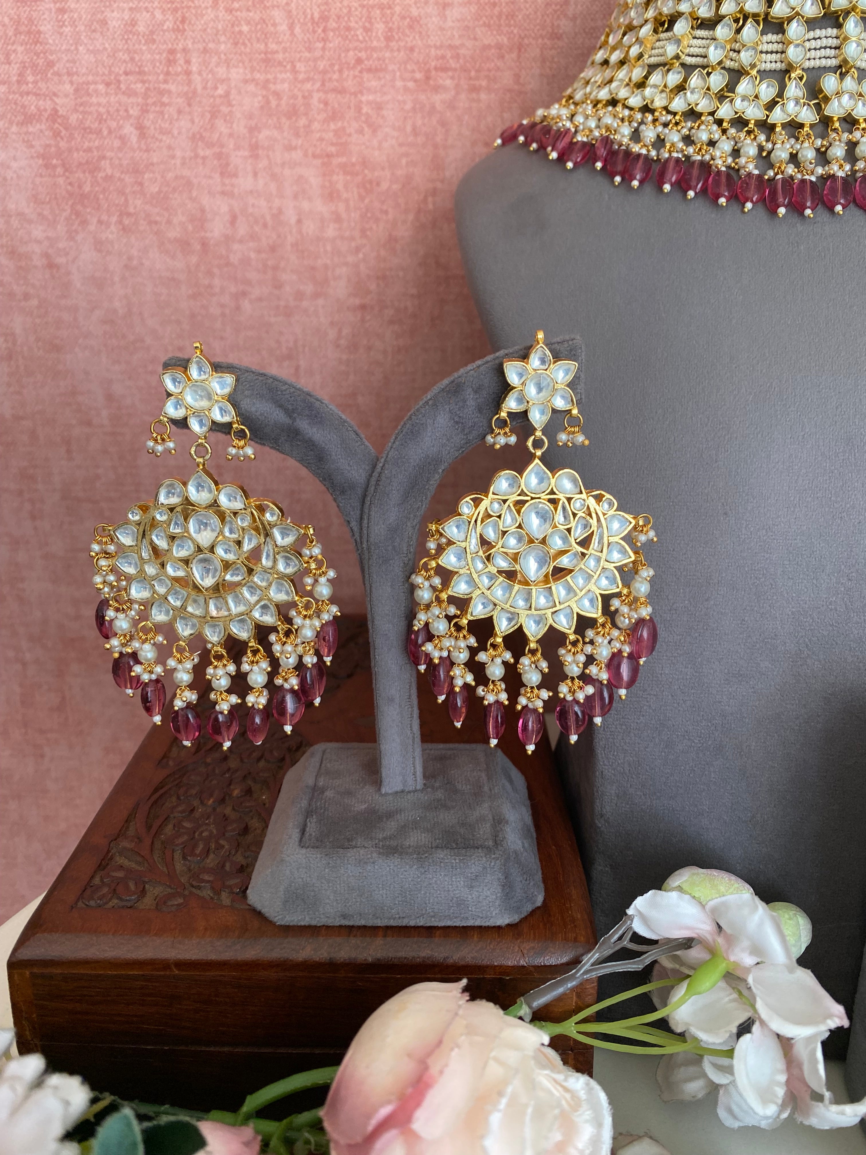 Kundan Bridal Necklace Set in pink drops