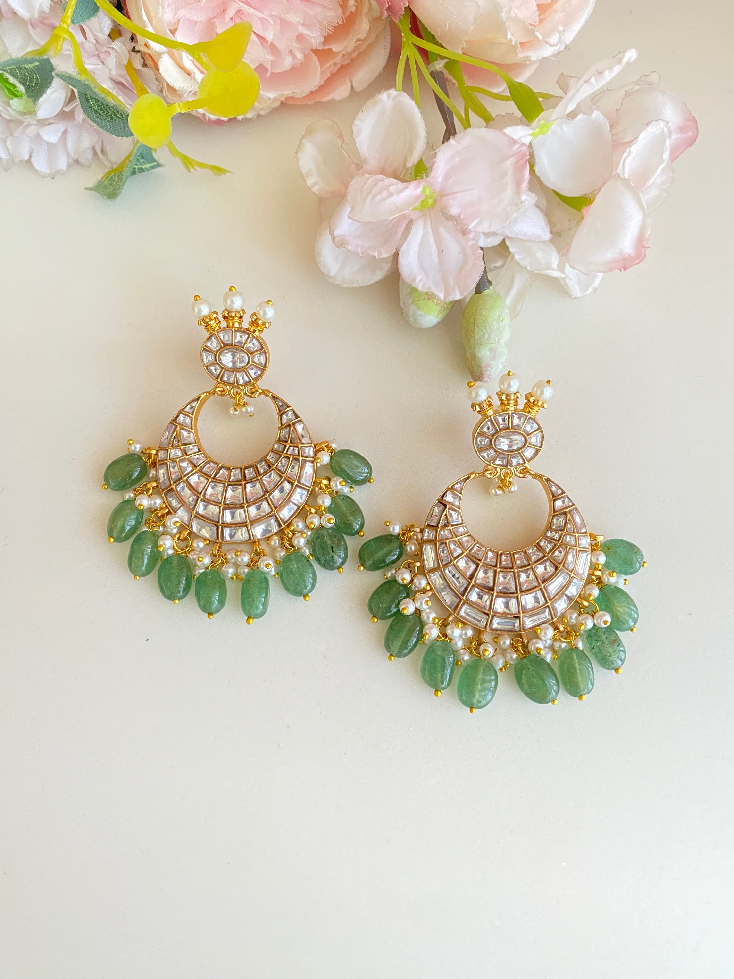 Gold Plated Kundan Earring in Mint drops
