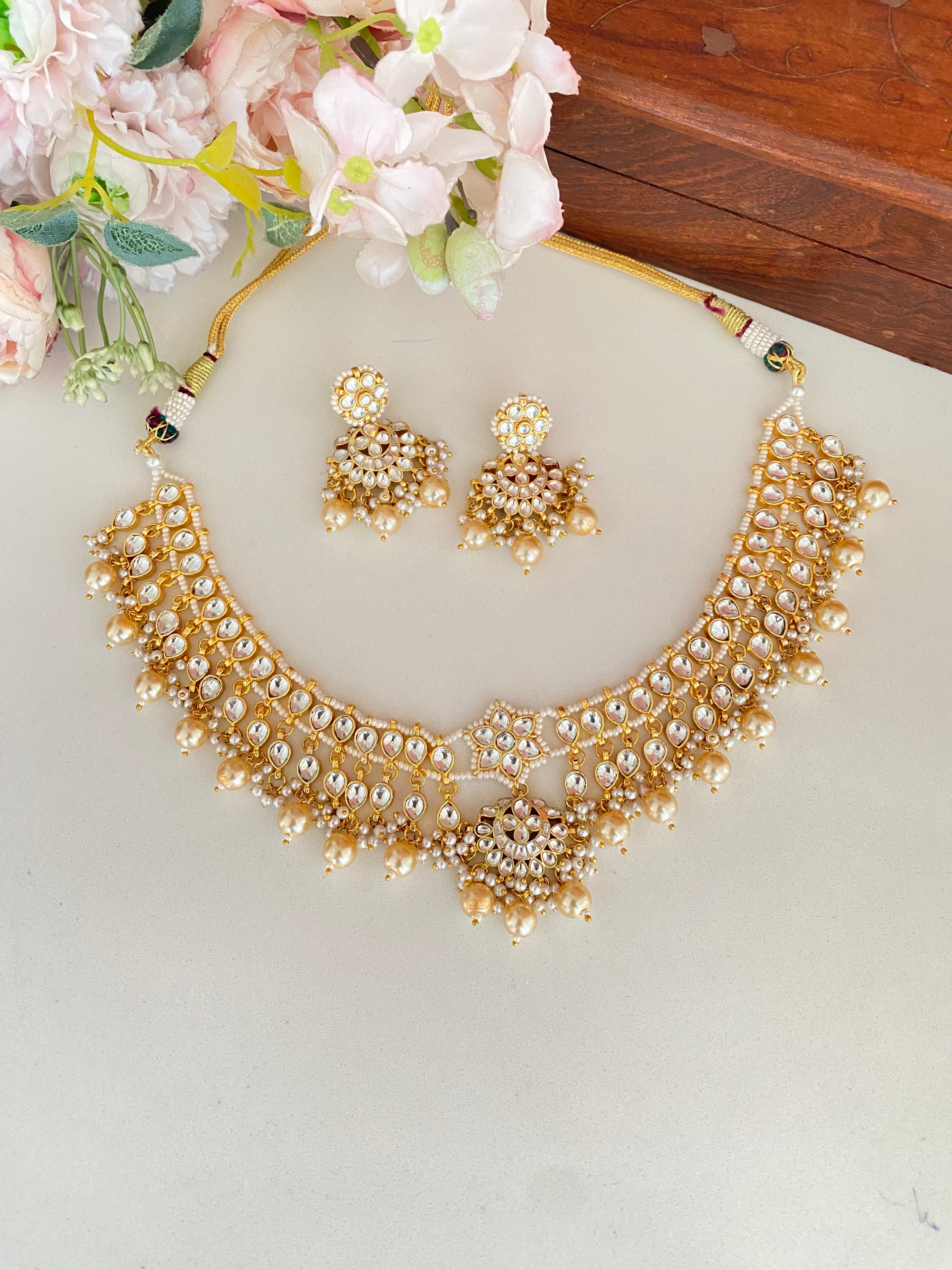 Gold plated Kundan Choker Set in pearl drops